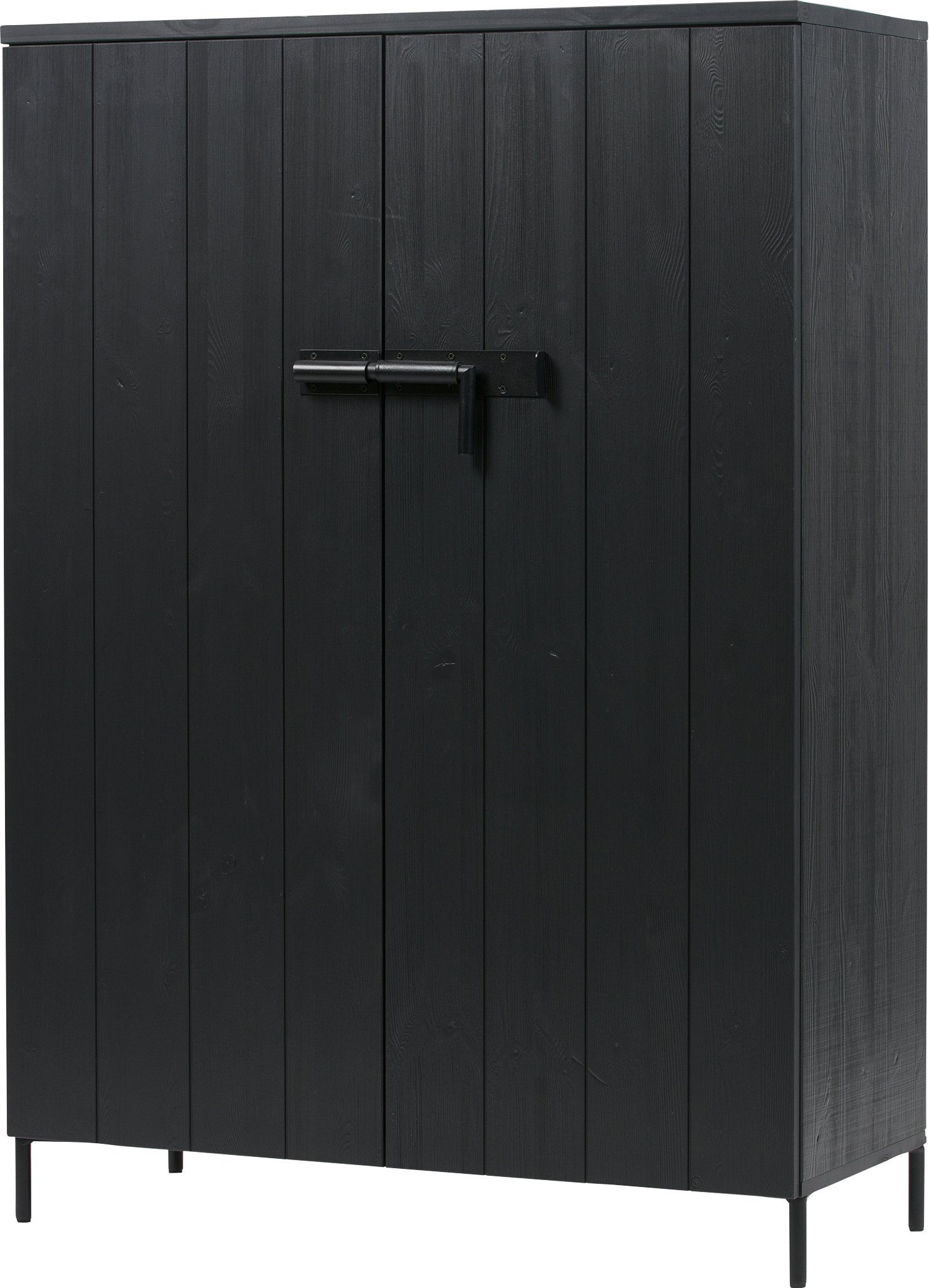 WOOOD Highboard Bruut Kiefernholz gebürstet mit Metallbeinen, H 141 x B 100 x T 42 cm, Sichtbare Maserung, Metallverschlüsse, Schutzlackiert, pfleigleicht