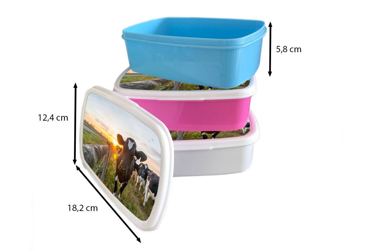 Kunststoff Kühe für Brotbox Lunchbox Brotdose Erwachsene, MuchoWow Kunststoff, Kinder, rosa - Mädchen, Zaun, Sonne Snackbox, (2-tlg), -
