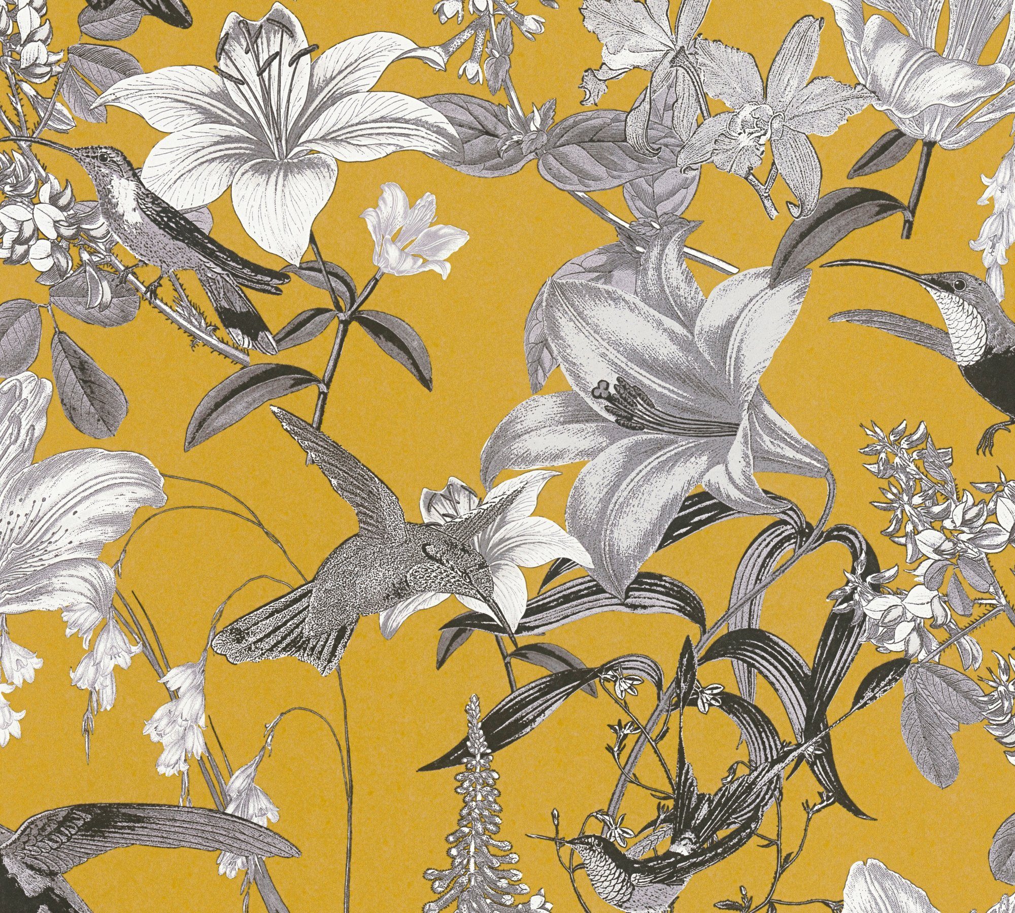 A.S. Création Architects Paper Vliestapete Jungle Chic, glatt, botanisch, floral, tropisch, Vogeltapete Tapete Blumen gelb/grau/schwarz