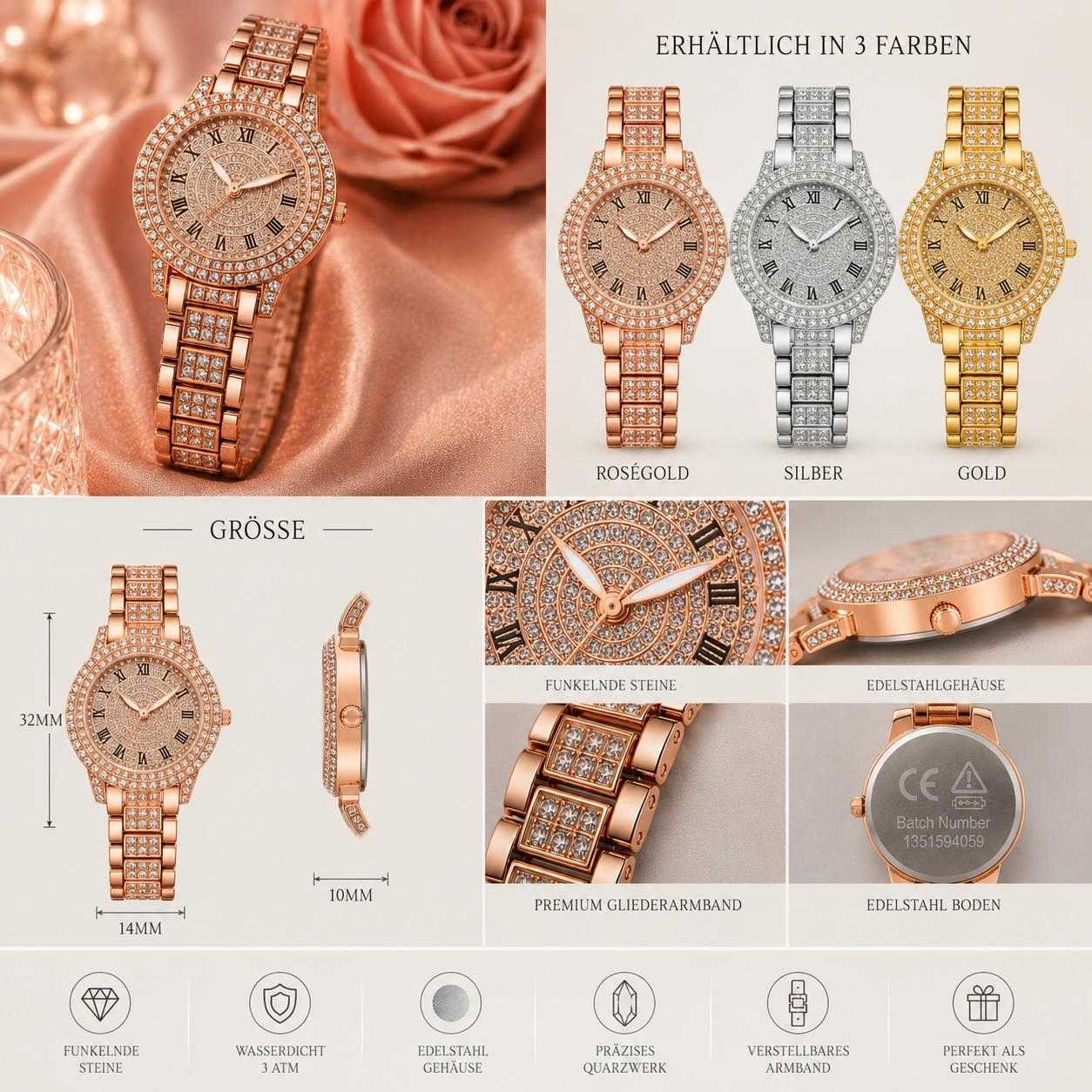 Taffstyle Quarzuhr Damen Kristall Armbanduhr Mädchen Uhr mit römischen Ziffern, (Edle Armbanduhr mit funkelnden Steinen in Gold, Silber oder Roségold erhältlich - Geschenkidee)