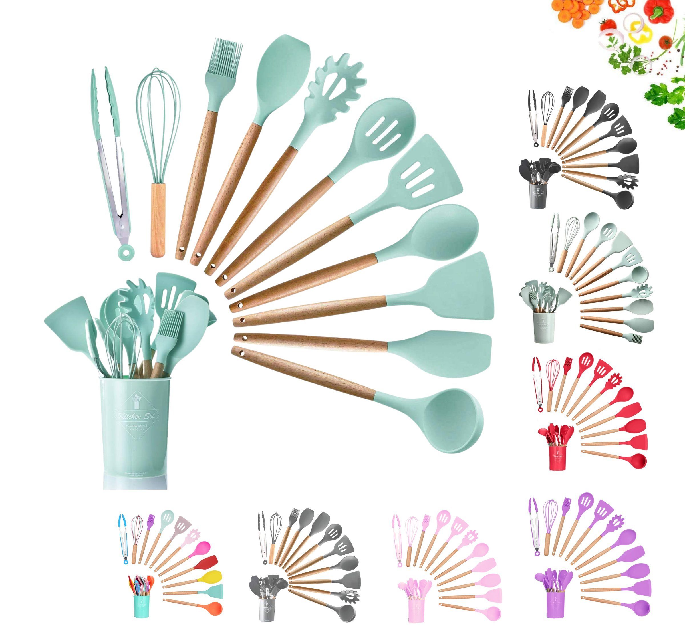 Faizee Möbel Kochbesteck-Set Küchenhelfer Set 12tlg Silikon Kochbesteck Holzgriff Küchenutensilien (12-tlg)