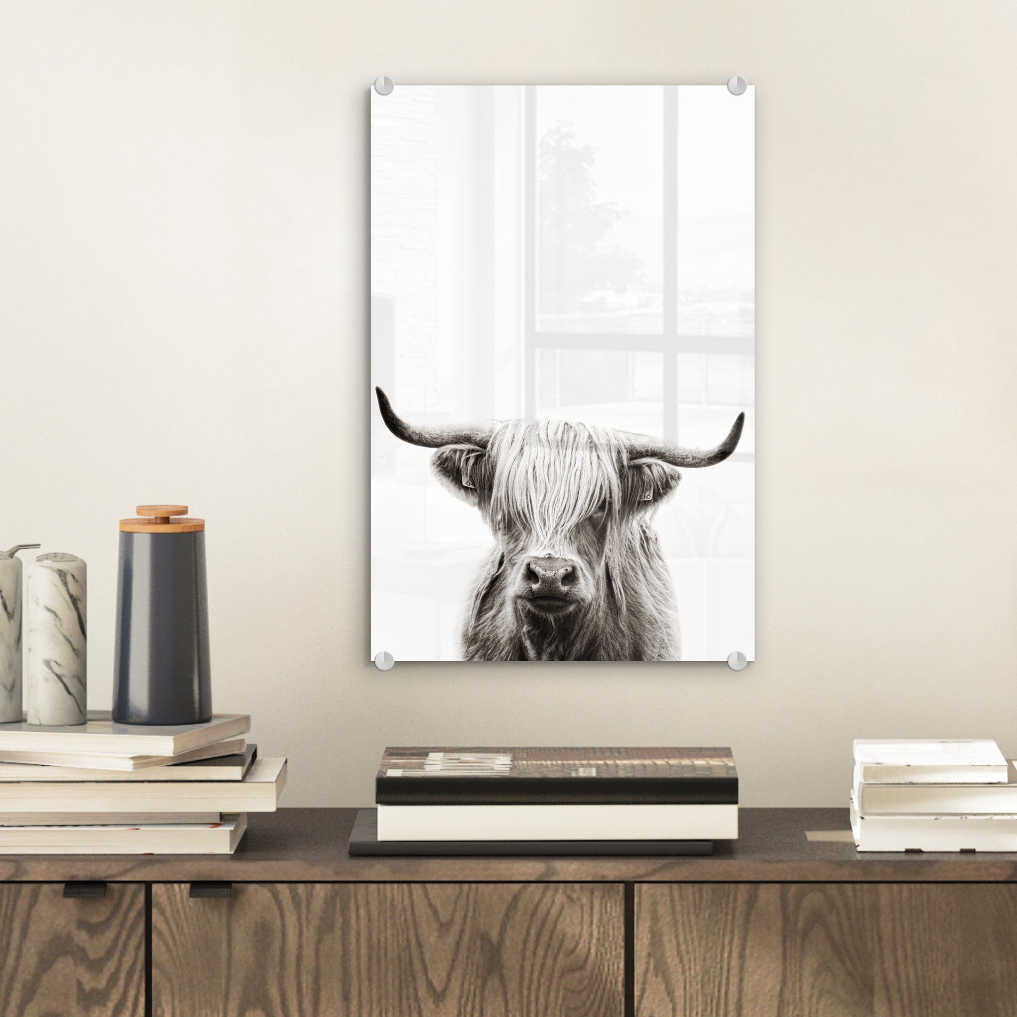 Acrylglasbild Highlander - Glas auf - Foto Weiß St), Schottischer Wandbild Glasbilder Glas Wanddekoration Kuh, Bilder auf - MuchoWow bunt - - (1