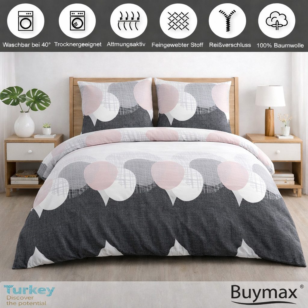 Buymax Bettwäsche Jadore, Renforce, 3 teilig, Bettbezug-Set 200x220 cm 100% Baumwolle Reißverschluss Grau Anthrazit