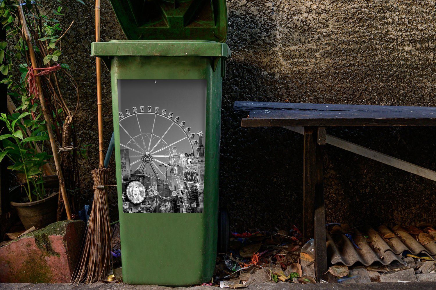 im - MuchoWow und Container, Abfalbehälter schwarz St), Mülltonne, Mülleimer-aufkleber, Sticker, (1 Karneval weiß Wandsticker Vergnügungspark
