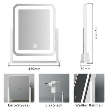 WDWRITTI Schminkspiegel LED Kosmetikspiegel Tischspiegel Make Up Spiegel Rechteckig (Make Up Spiegel Rechteckig, 3Lichtfarben, Helligkeit dimmbar), Touch, 360° Drehbar