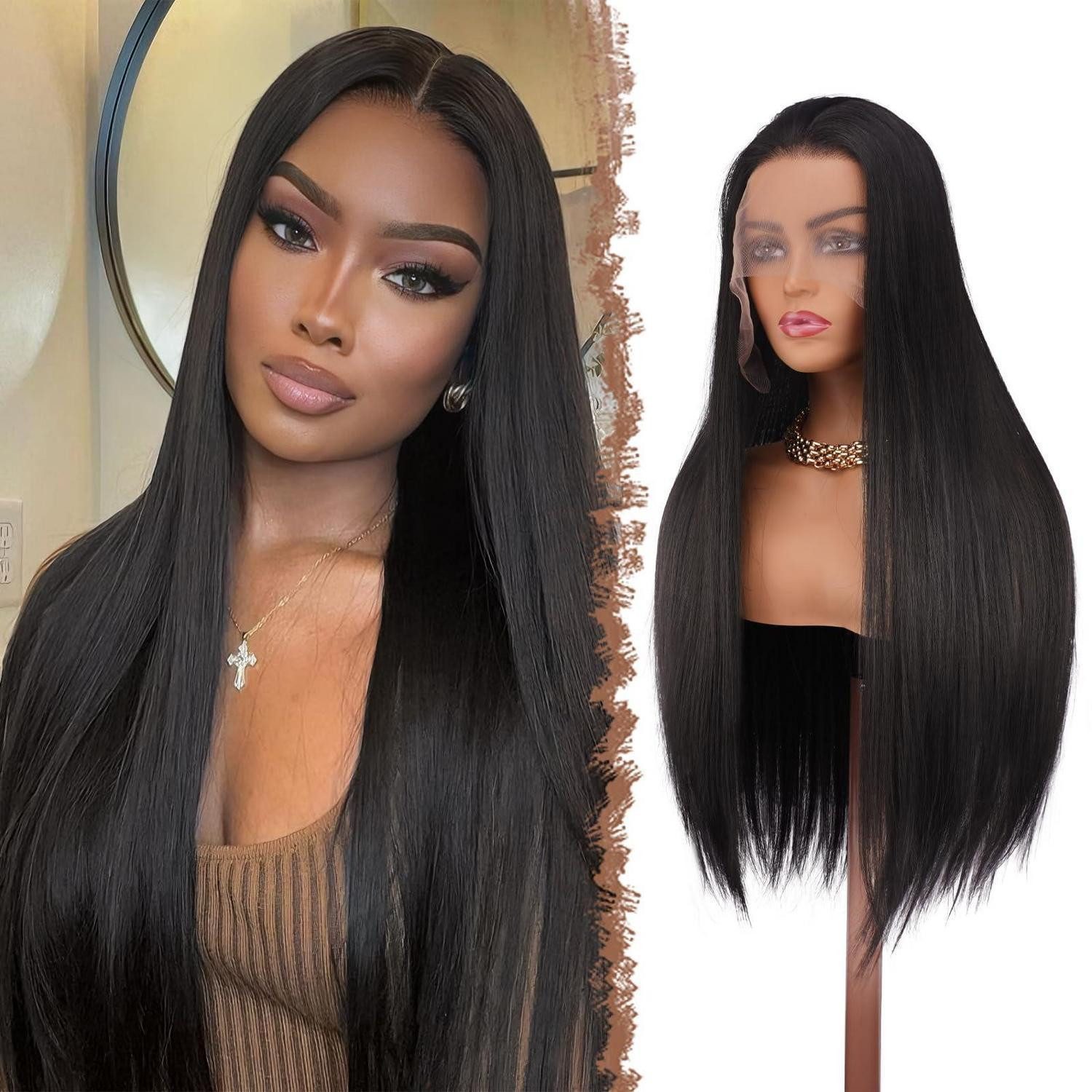 LuxusKollektion Kunsthaarperücke Perücke Lacefront Synthetik Haar Damen 75cm Natürlich Schwarz