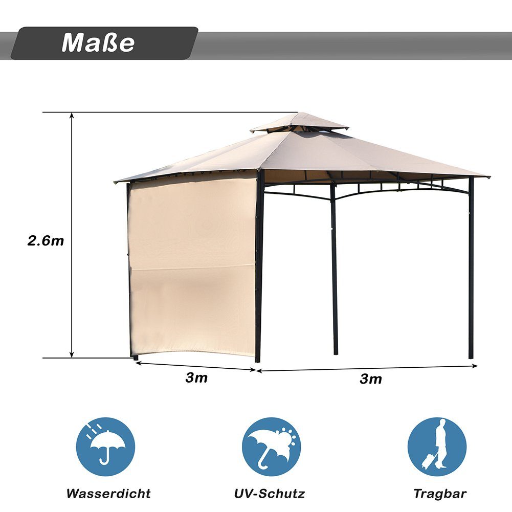 Pavillon, mit 1 Seitenteilen, Gartenpavillon mit ausziehbare Seitenteil, Wasserdicht Partyzelt, UV-Schutz, Stahlgestell, 3 x 3 x 2,6 m