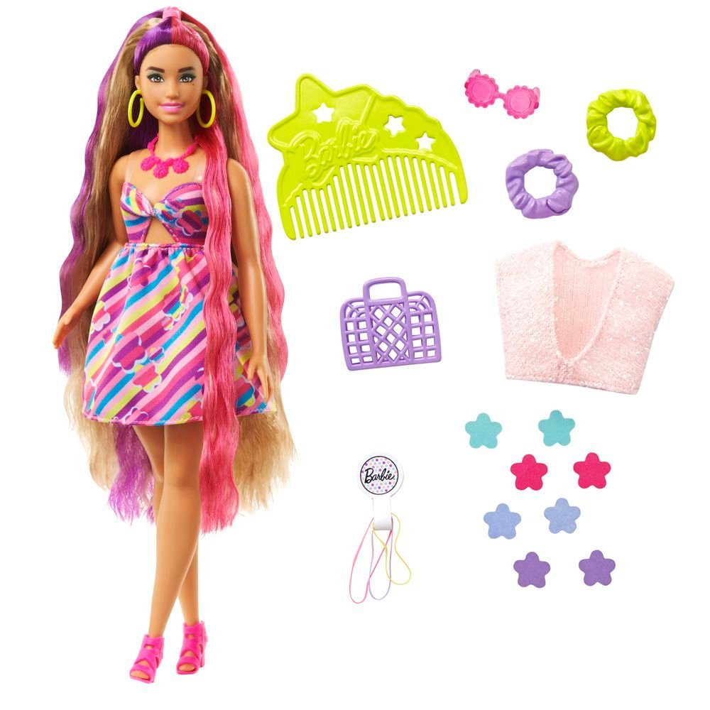 Barbie Anziehpuppe Totally Hair Barbie im farbenfrohen Blumenkleid Spielset günstig online kaufen