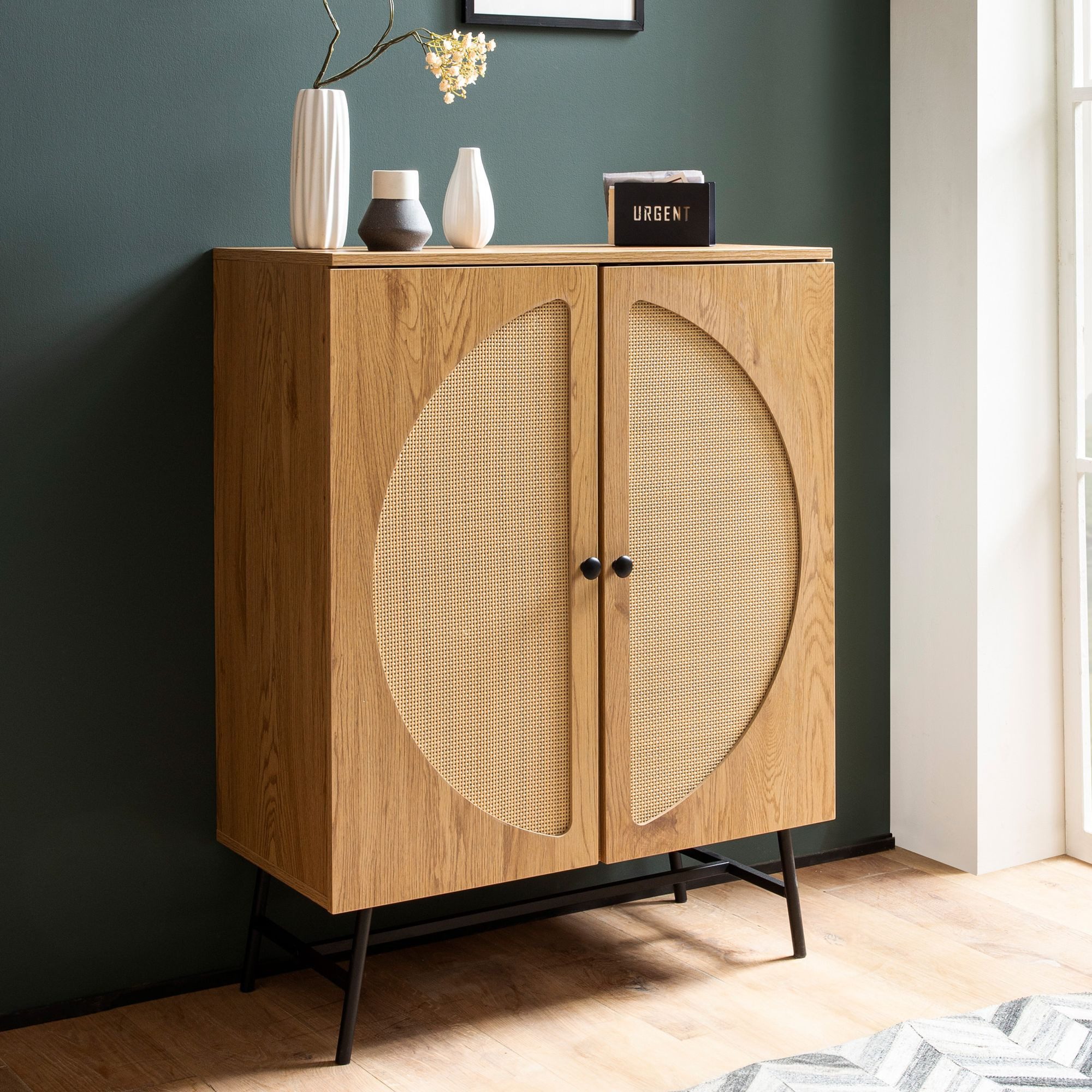 FINEBUY Sideboard FB104655 Kommode in Eiche Dekor 80 cm mit 2 Türen aus Wiener Rattan (80x103x39 cm Anrichte, Eiche-Dekor Rattangeflecht), Kommode Türen Highboard, Hoher Комодиschrank