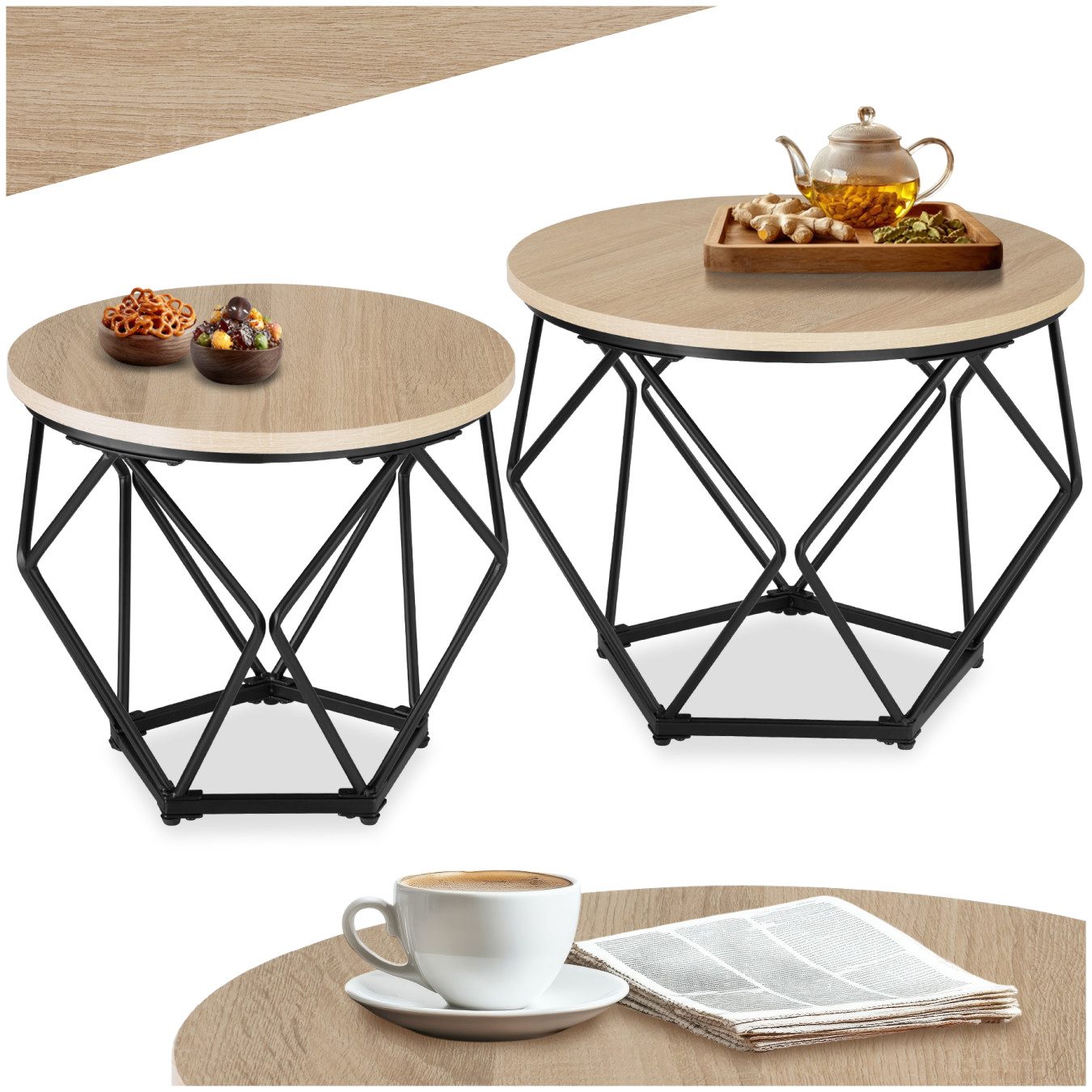 tectake Couchtisch 2er-Set Wohnzimmertisch, Industrial Style, Gestell in Diamantform (Sofatisch Benham, 1-St., in Industrial Holz hell, Eiche Sonoma), Höhenverstellbare Kunststofffüße, Holz & Stahl, runde Tischplatte