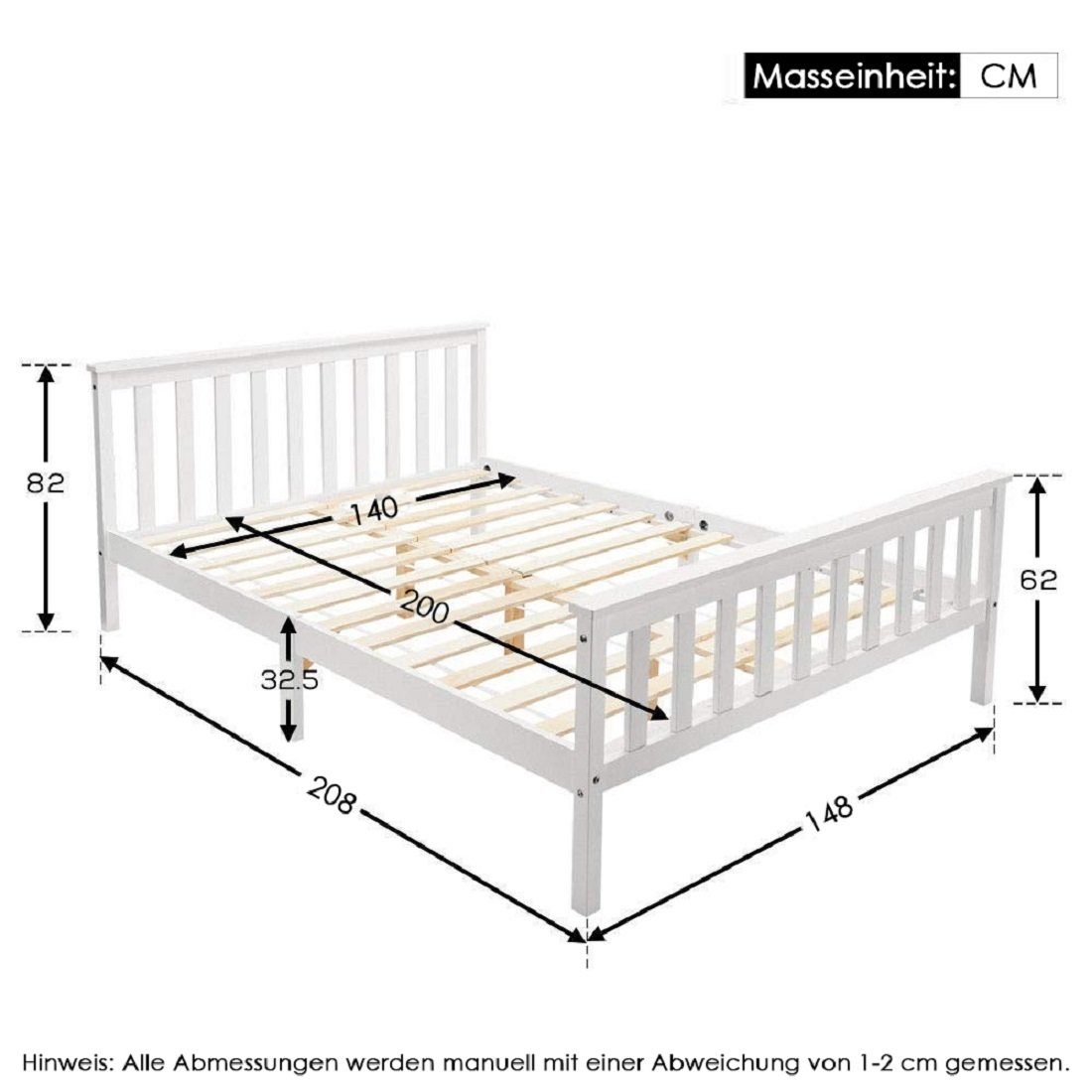 Flieks Massivholzbett, Doppelbett Kieferbett Bettgestell 140x200cm weiß günstig online kaufen