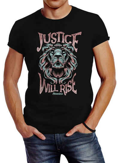 Neverless Print-Shirt Neverless® Herren T-Shirt Löwe Löwenkopf Motiv Fashion Streetstyle Schriftzug Justice will rise mit Print