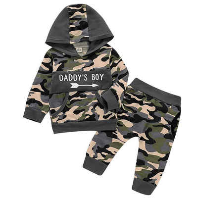 Gluckids Top & Hose Baby Jungen Langarm Kapuzenpullover Top &Hose Outfit Camo Babykleidung (2-tlg) Neugeborenen Briefdruck Sweatshirt Hosenanzug Hoodie Top Hose Baby-Set