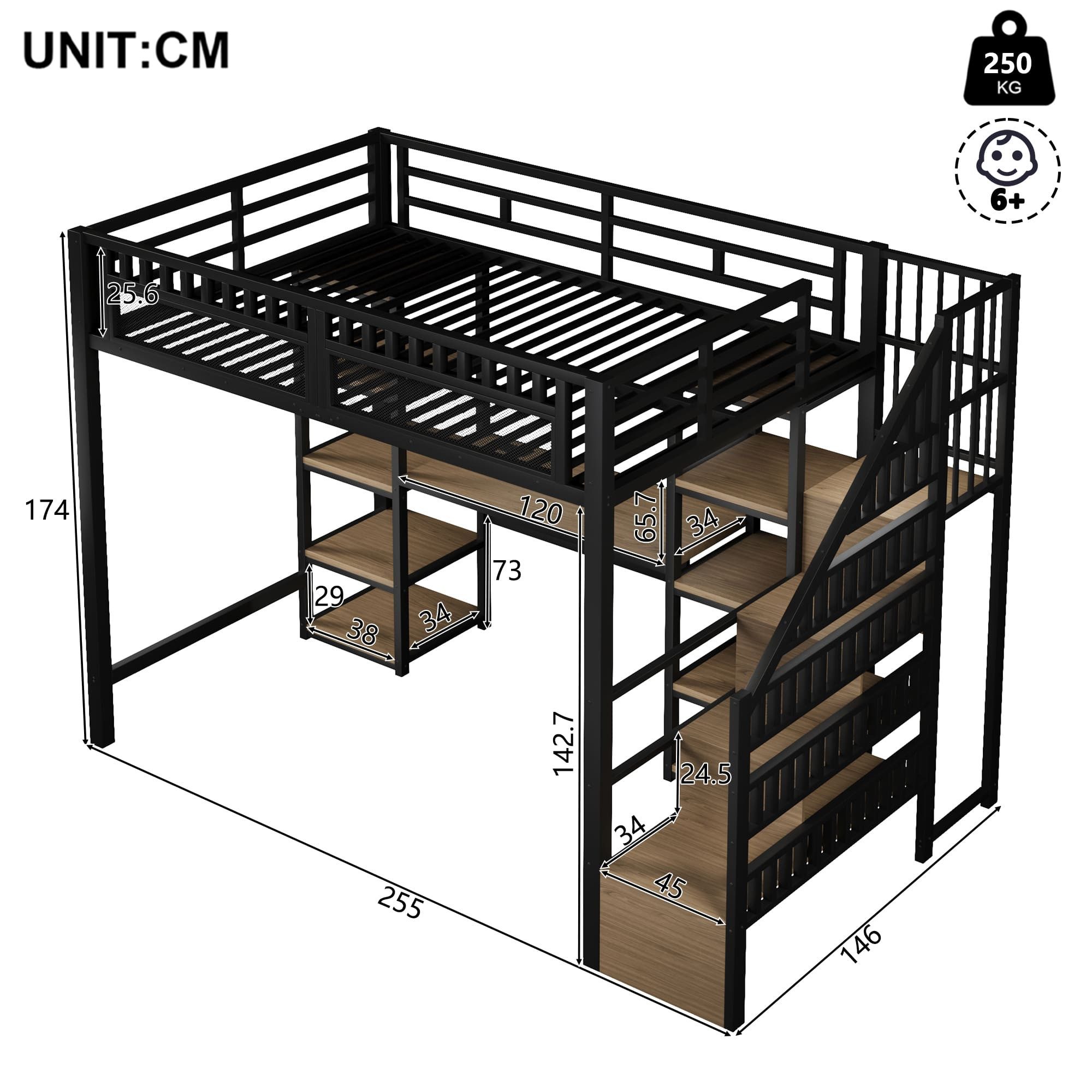 Ulife Hochbett mit Stauraumtreppe, Schreibtisch, LED-Lichtleiste und USB-Anschluss (Ohne Matratze) Jugendbett Kinderbett mit Eisenrahmen, Maße: 140 x 200 cm