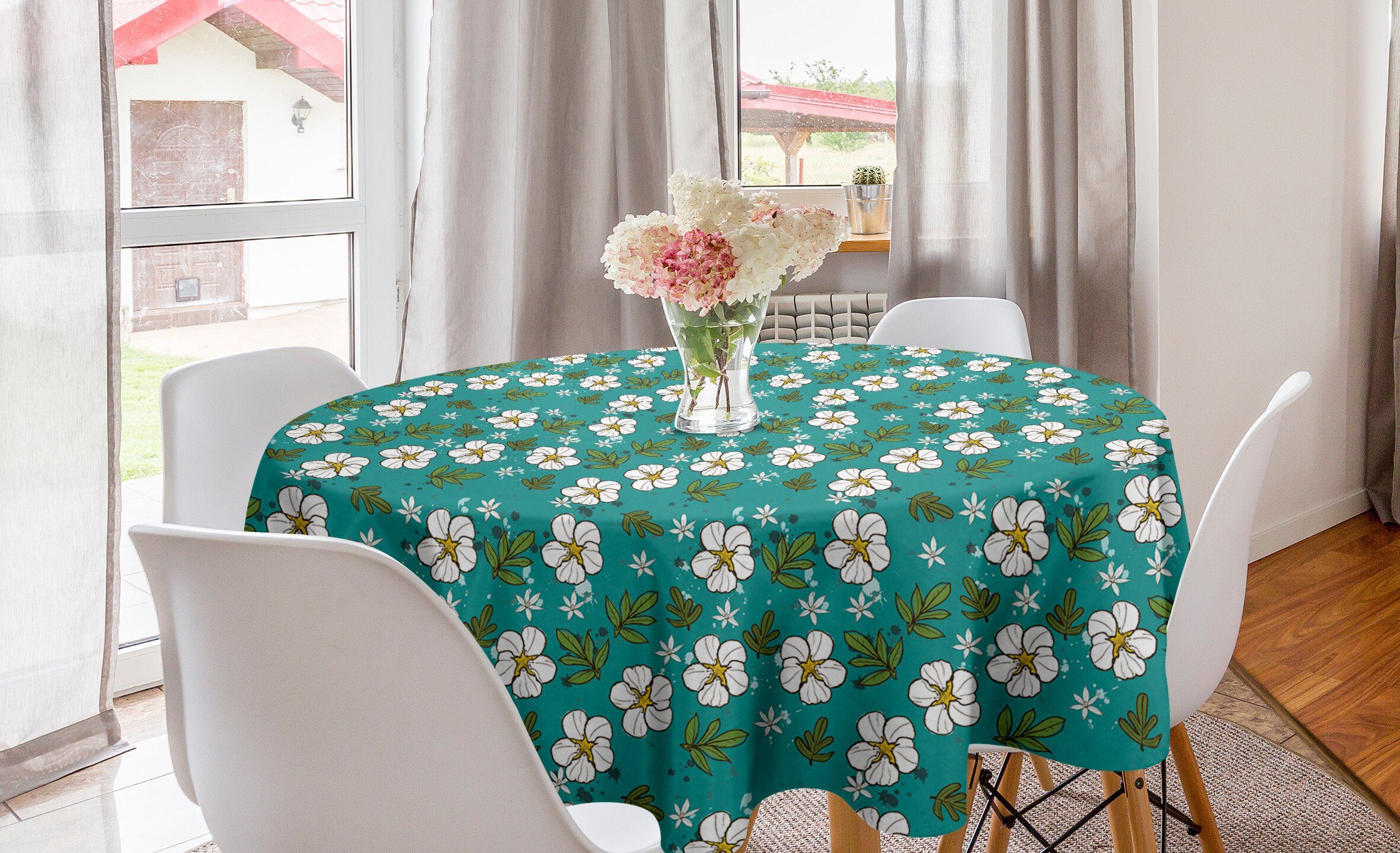 Abakuhaus Tischdecke Kreis Tischdecke Abdeckung für Esszimmer Küche Dekoration, Blumen Blätter und Blumen-Grafik | Tischdecken