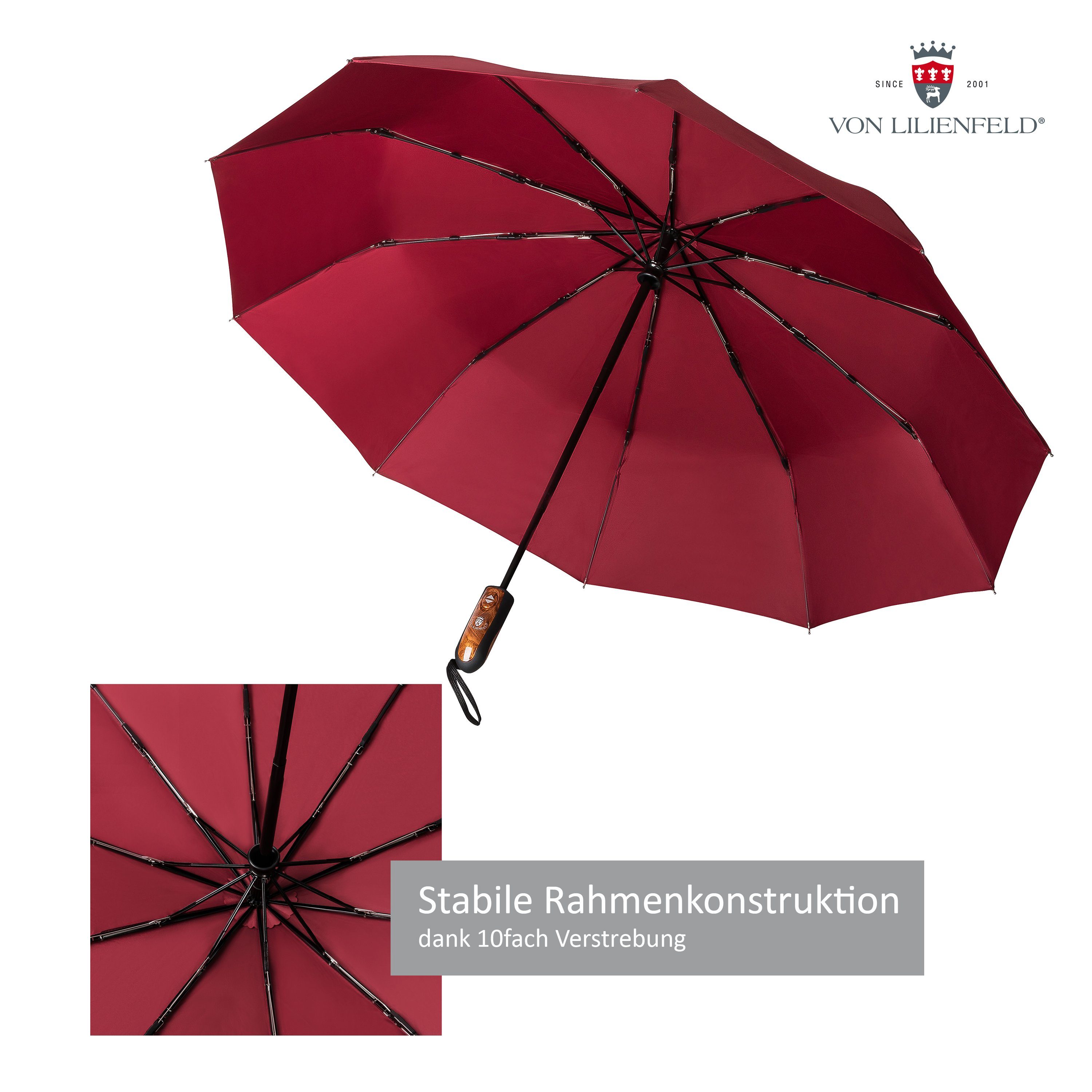 von Lilienfeld Auf-Zu-Automatik Clark Taschenregenschirm Teflonbeschichtung, extrem burgunder wasserabweisend, Reise-Etu Schirm mit schnelltrocknend