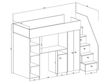 QMM TraumMöbel Hochbett SAM 14 mit Schreibtisch Schrank Regal und Treppe eiche (Treppe, Schrank, Schreibtisch, Regal)
