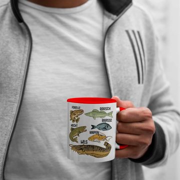 Trendation Tasse Trendation - Angler Fischer Tasse mit Fischarten Geschenk Raubfische Hobbyangler Hecht Forelle Barsch Angeln Kaffeetasse