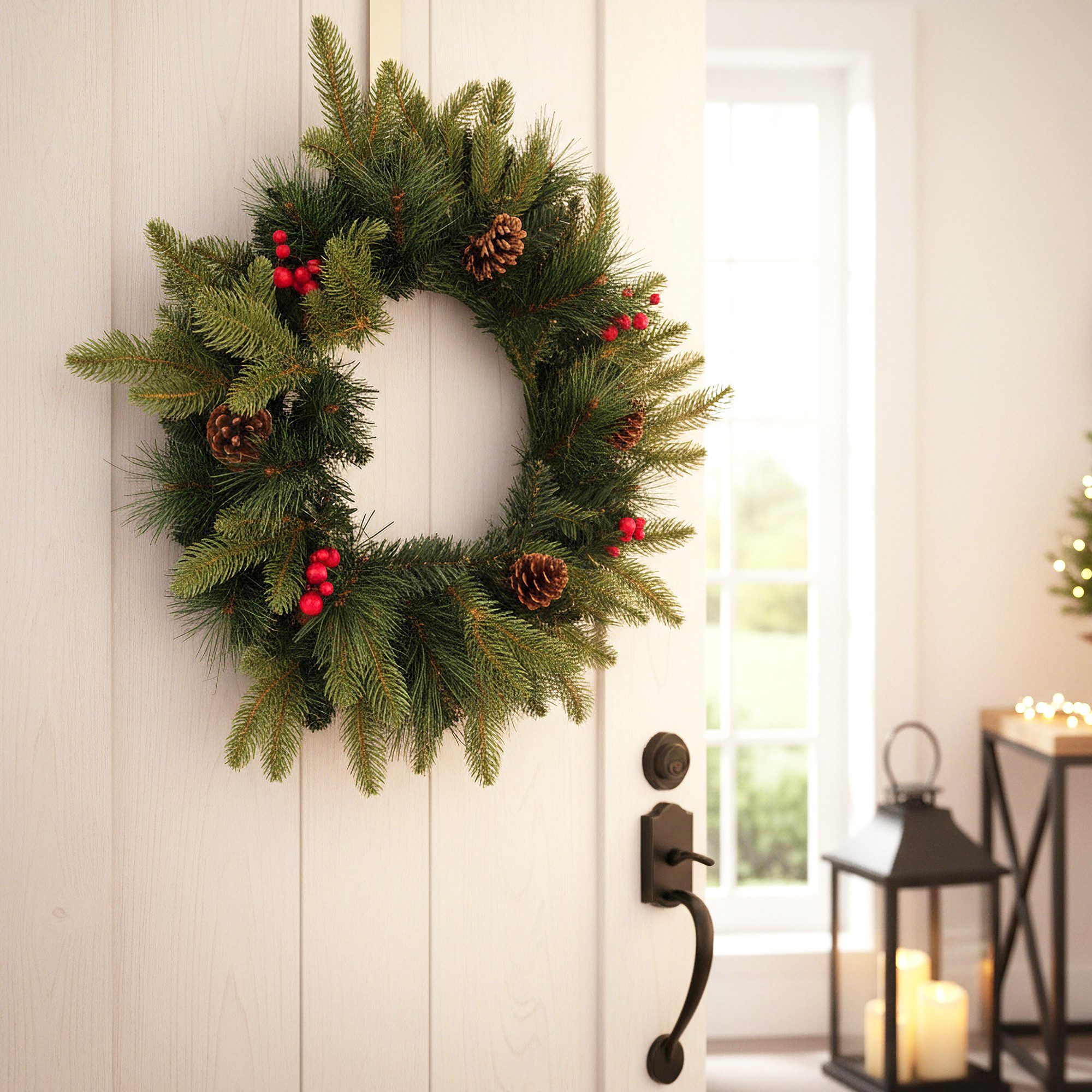 Arnusa Dekokranz Weihnachtskranz 50 cm mit roten Beeren Spritzguss Mix Zapfen, Türkranz Weihnachtsdeko Tannenkranz