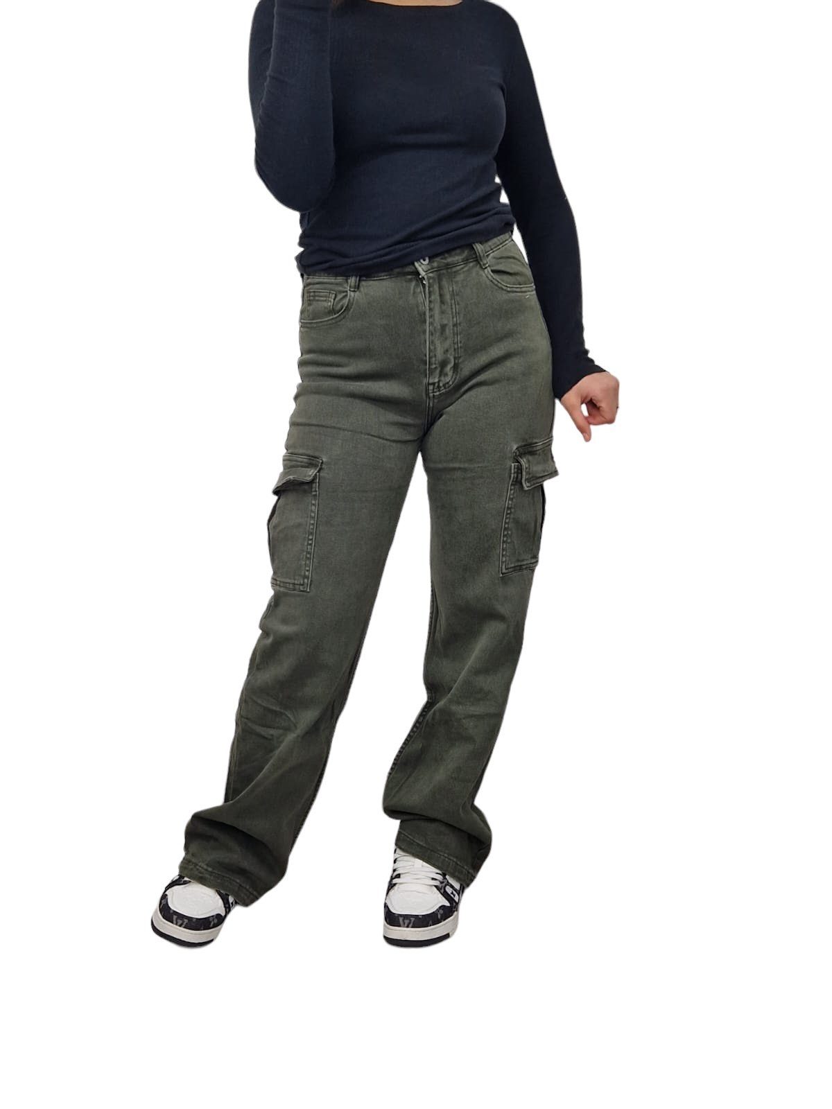 HELLO MISS Cargojeans Trending Cargohose mit breite Beine, Wide Leg Cargo Jeans Cargotaschen Khakigrün