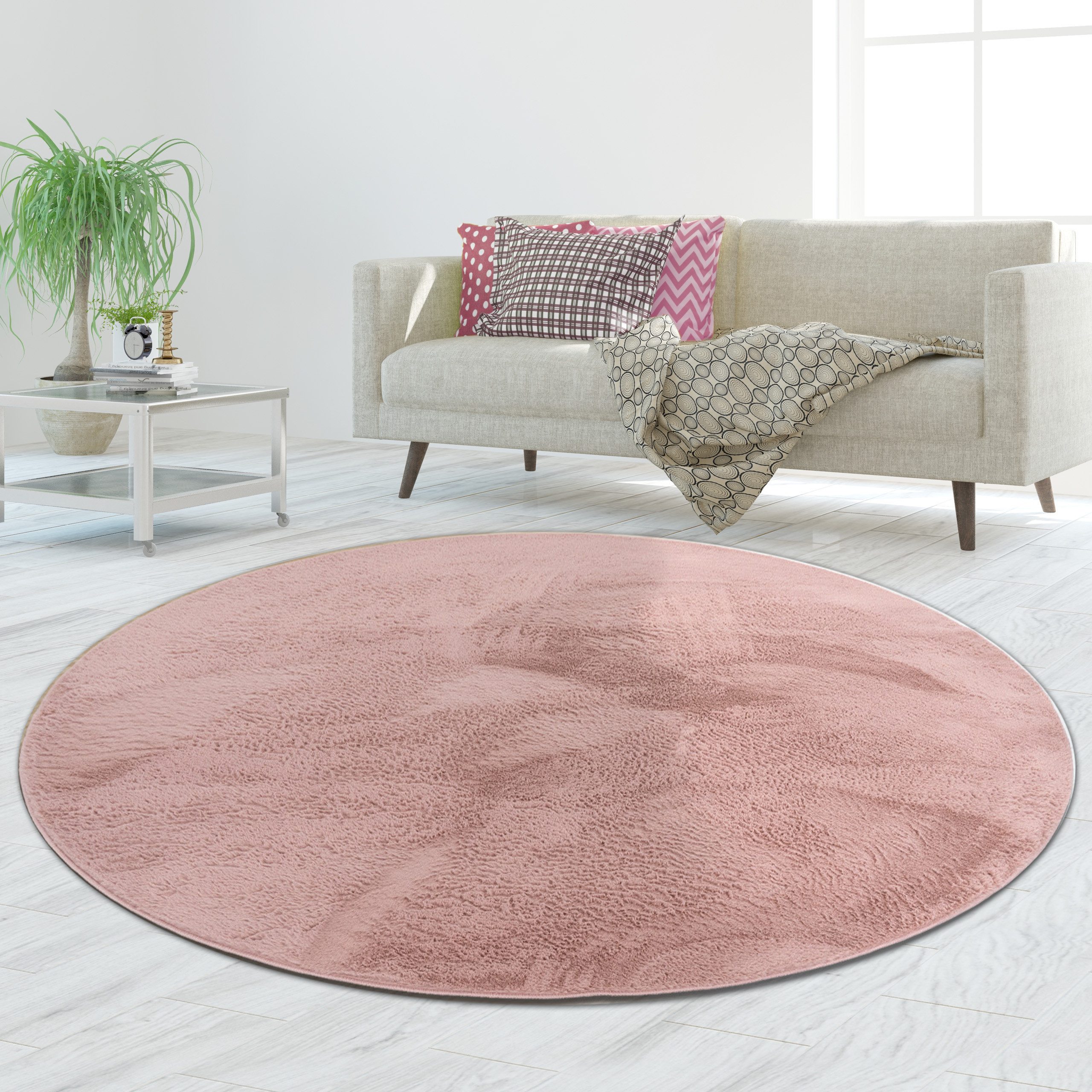 TeppichHome24 Teppich Teppich rosa weich pflegeleicht saugrobotergeeignet für Wohnbereiche, rund