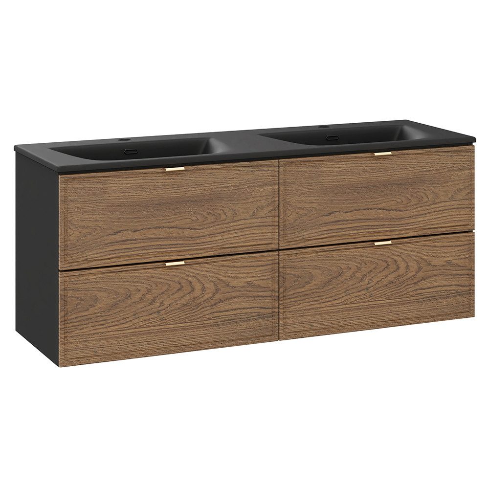 Lomadox Doppelwaschtisch TARSIA-56, Keramikwaschbecken, Eiche mit schwarz, 121cm breit
