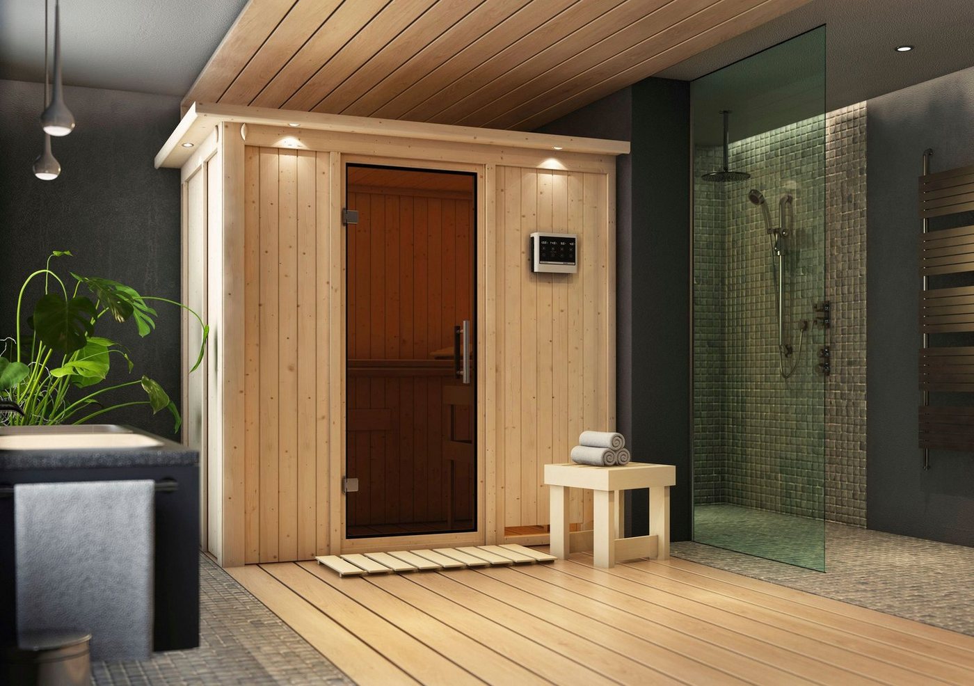 Thumbnail - Karibu Sauna Vada, BxTxH: 210 x 132 x 202 cm, 68 mm, (Set) 9 KW-Bio-Ofen mit externer Steuerung