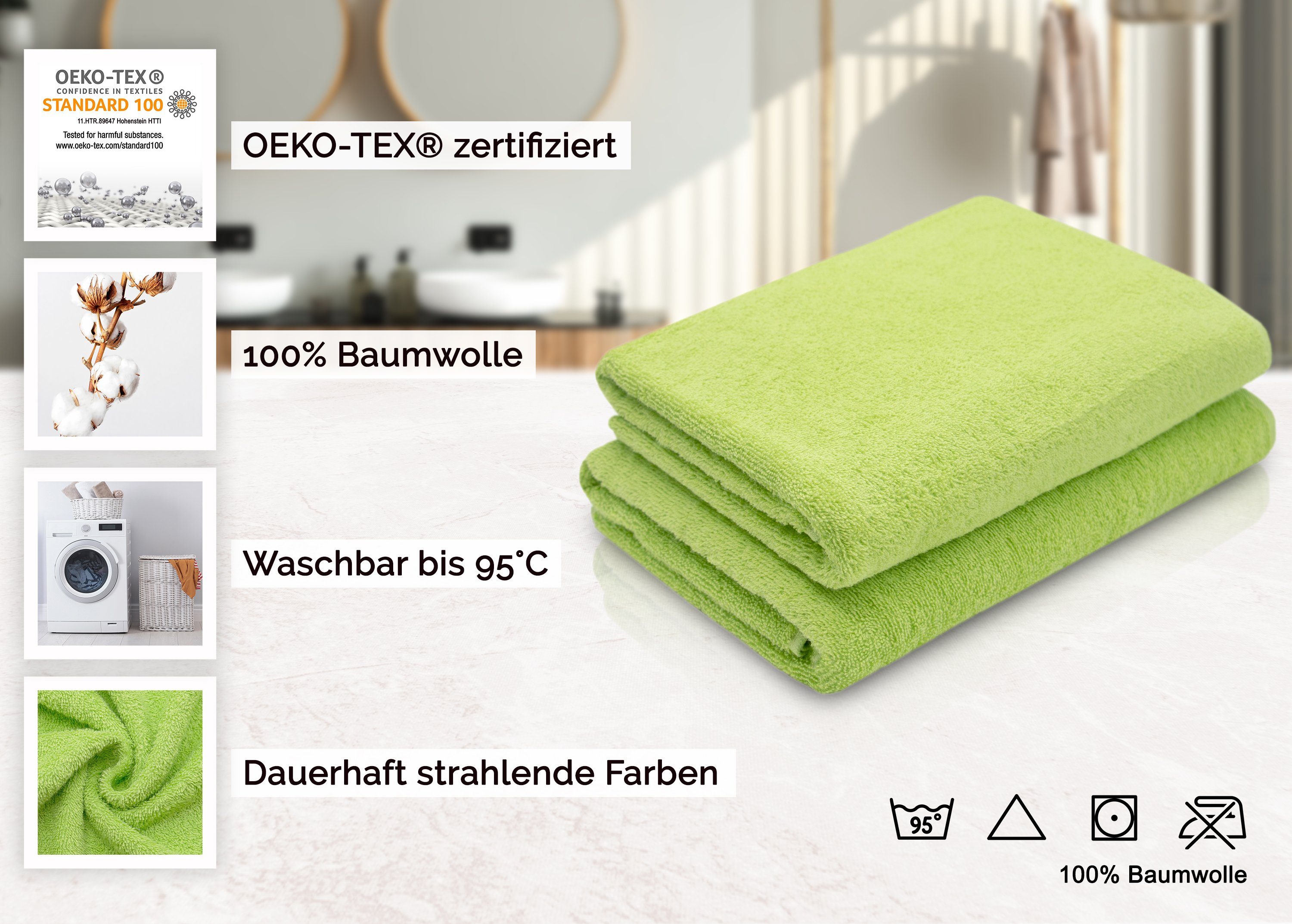 95°C bis alle Baumwolle, apfelgrün Duschtücher, cm, (2-St), x 100% Farben ZOLLNER Walkfrottier 70 140 waschbar