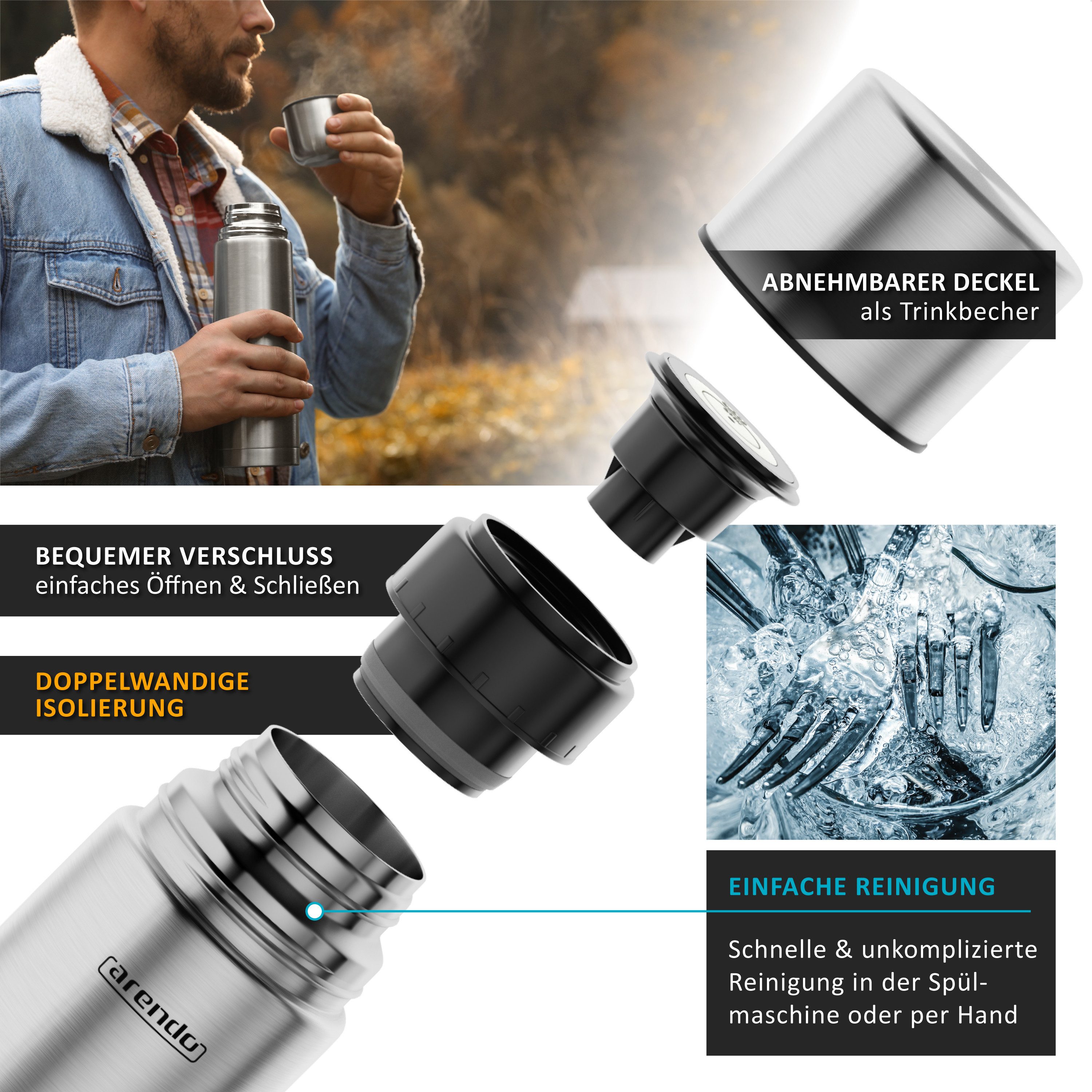 Arendo Thermoflasche auslaufsichere Isolierflasche 1L, Edelstahl Trinkflasche für Unterwegs, kohlensäuregeeignet, hält Stundelang kalt & warm, BPA-frei, 1000 ml – Bild 4 von 5