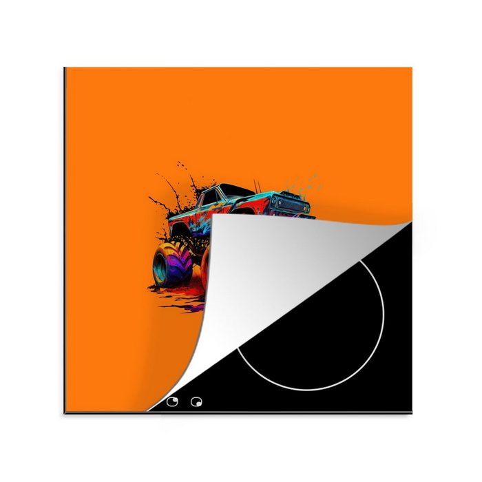 MuchoWow Herdblende-/Abdeckplatte Monstertruck - Neon - Farbe - Orange Vinyl (1 tlg) Ceranfeldabdeckung Arbeitsplatte für küche