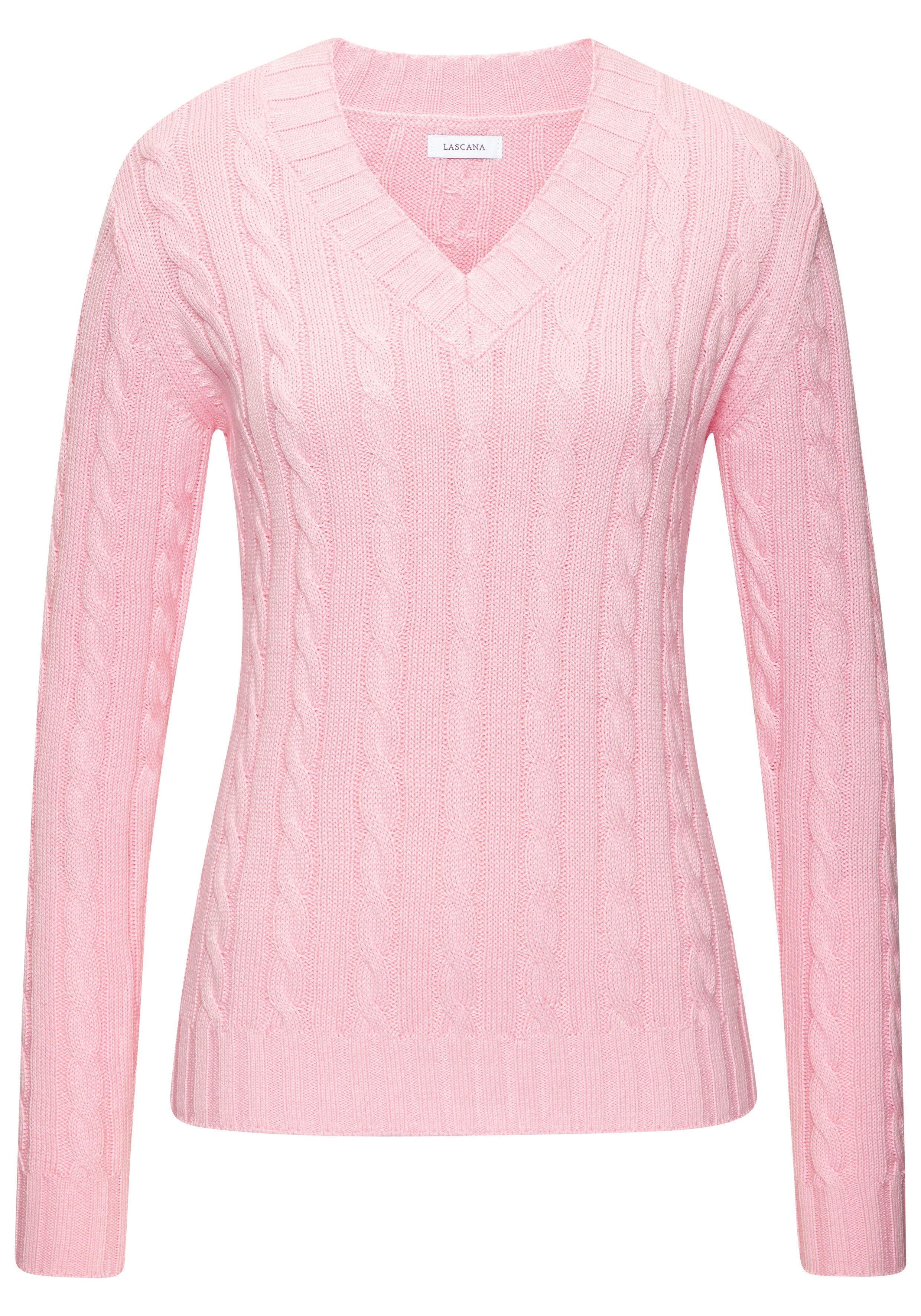 LASCANA V-Ausschnitt-Pullover mit Zopfstrickmuster. € 49,99