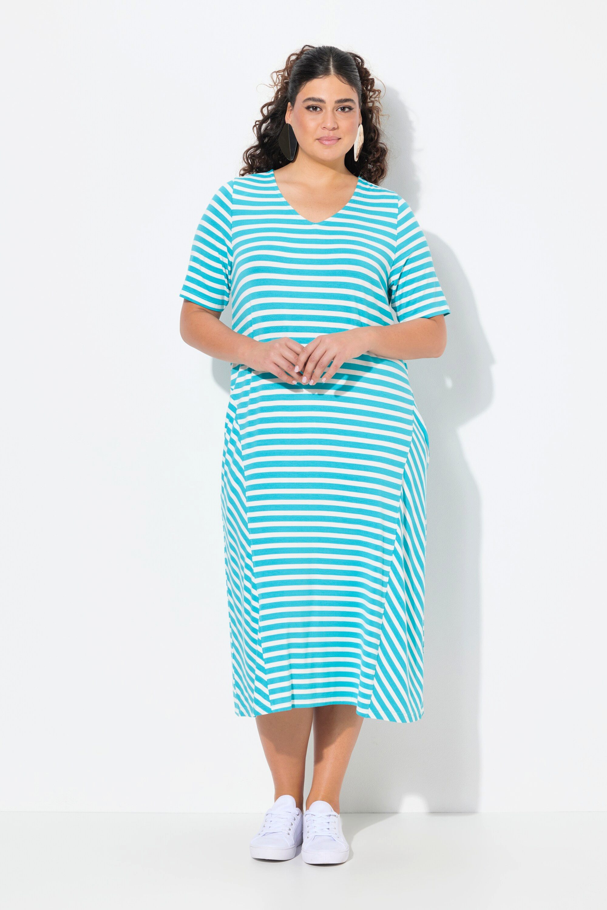 Ulla Popken Jerseykleid Midikleid Ringel A-Linie V-Ausschnitt Halbarm günstig online kaufen