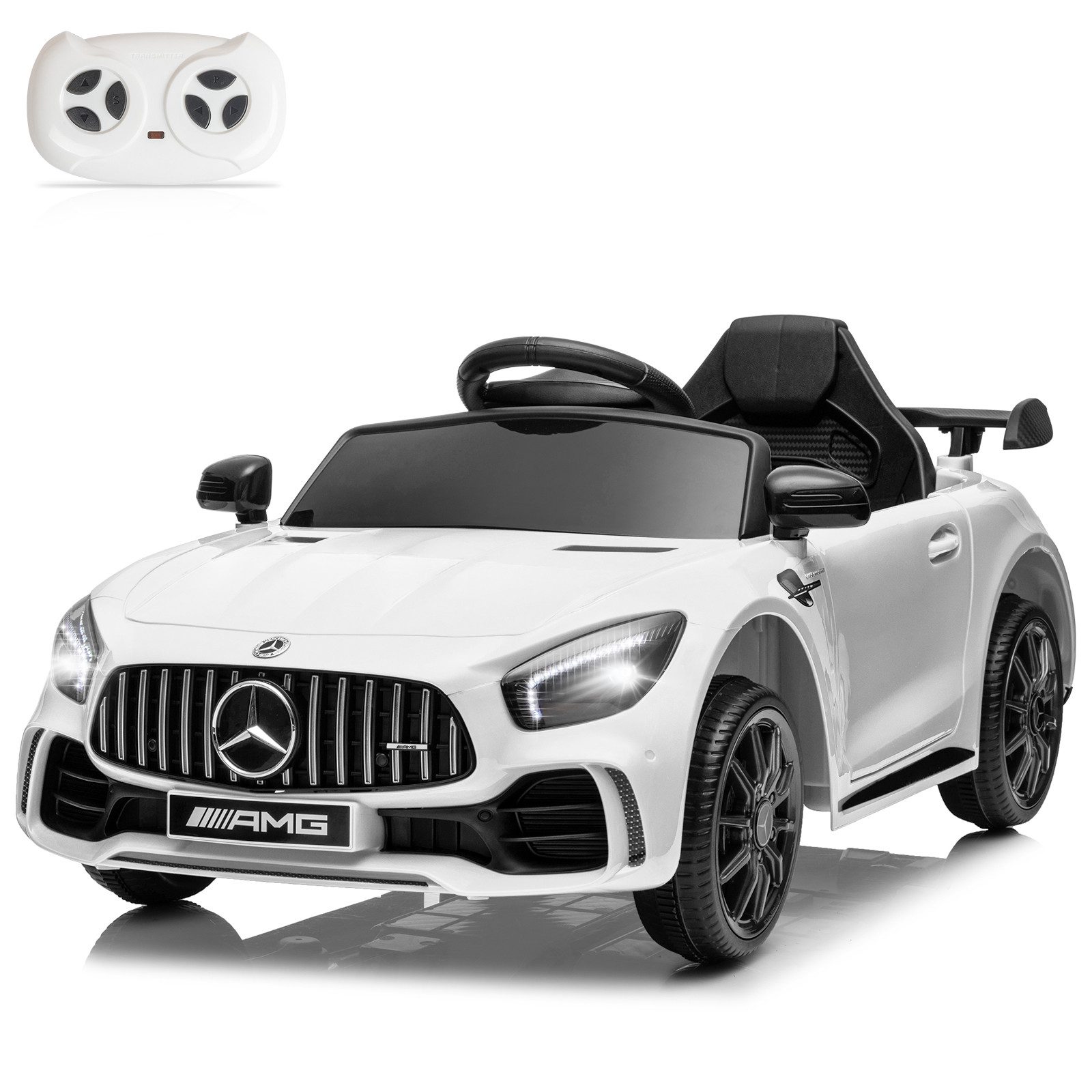 LALAHO Elektro-Kinderauto Elektroauto Kinderauto Benz Mercedes AMG GTR, 2,4G Fernbedienung, 12V,4.5 Ah, Fernsteuerung 2,4GHz,2 x35W Motors,Bluetooth,Musik,USB