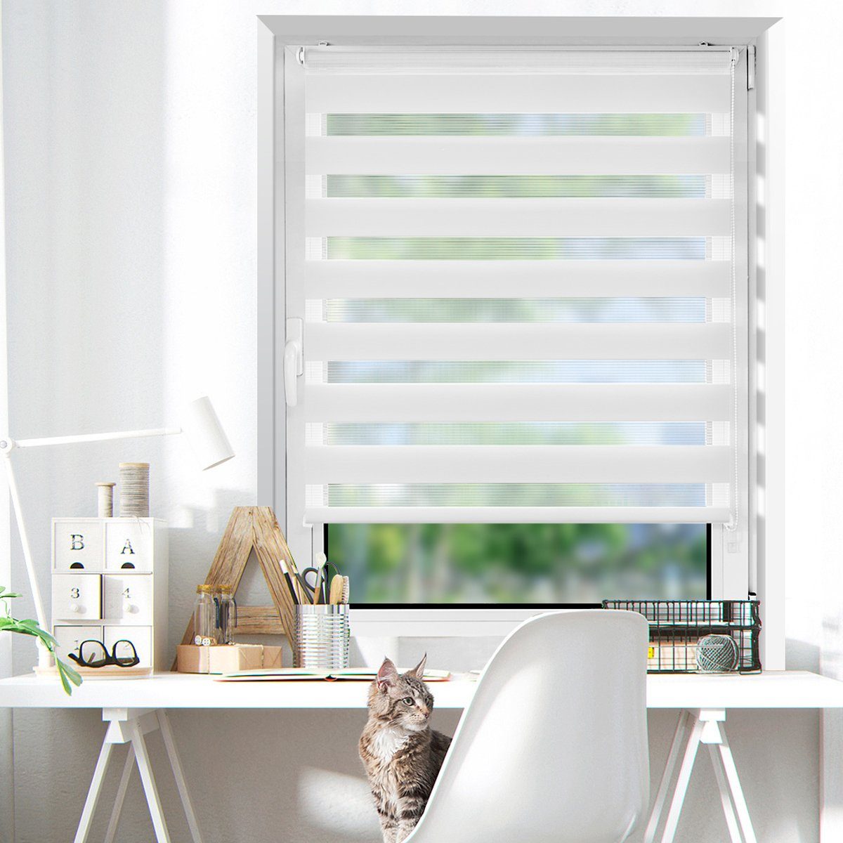 Doppelrollo rollos für Fenster ohne Bohren 130cm, OUBO, Lichtschutz, freihängend, mit Klemmträger, Klemmfix, livhtdurchlässig und verdunkelnd