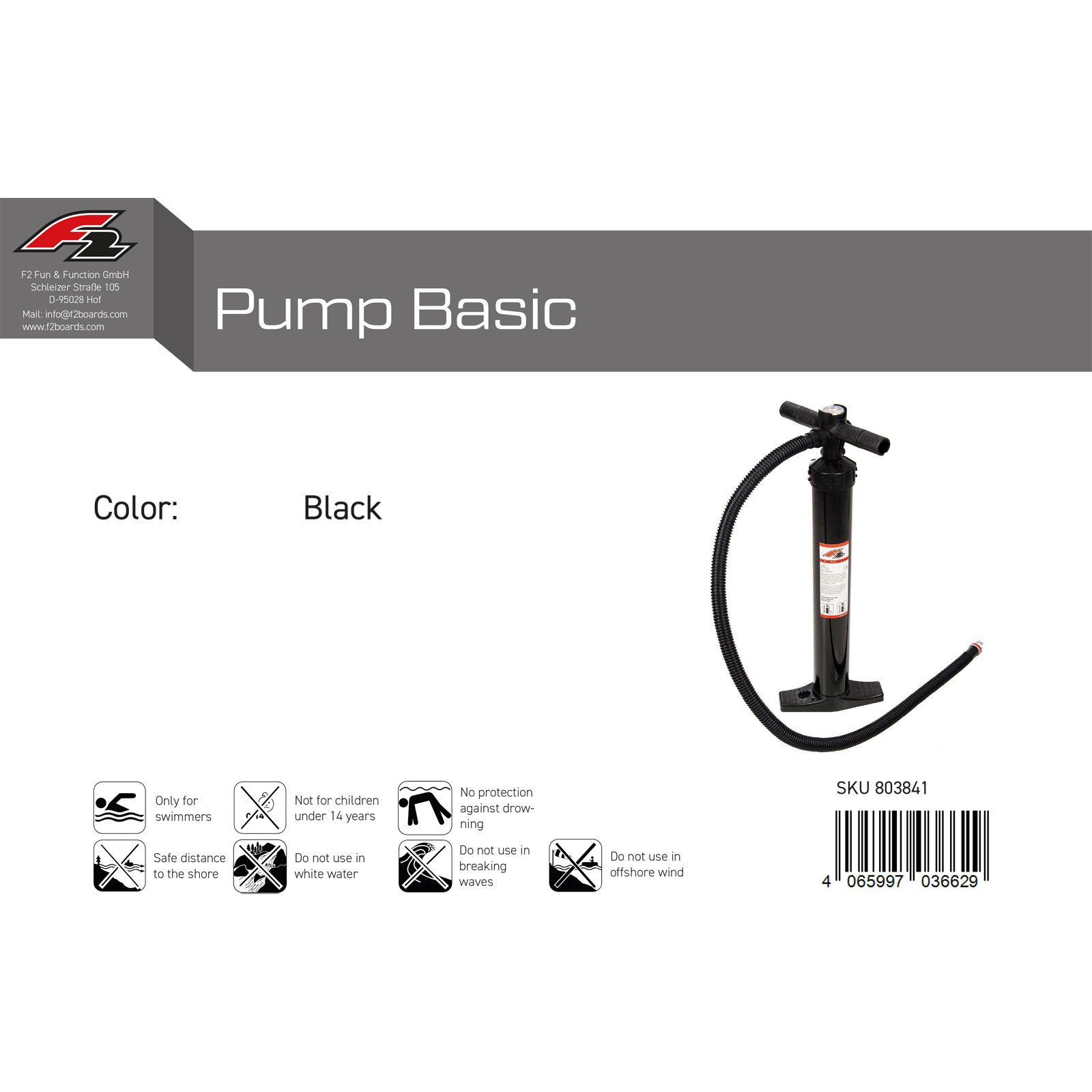 F2 SUP-Pumpe F2 Pumpe Pump Basic SUP Kite Paddelboot Schwarz 2024/25