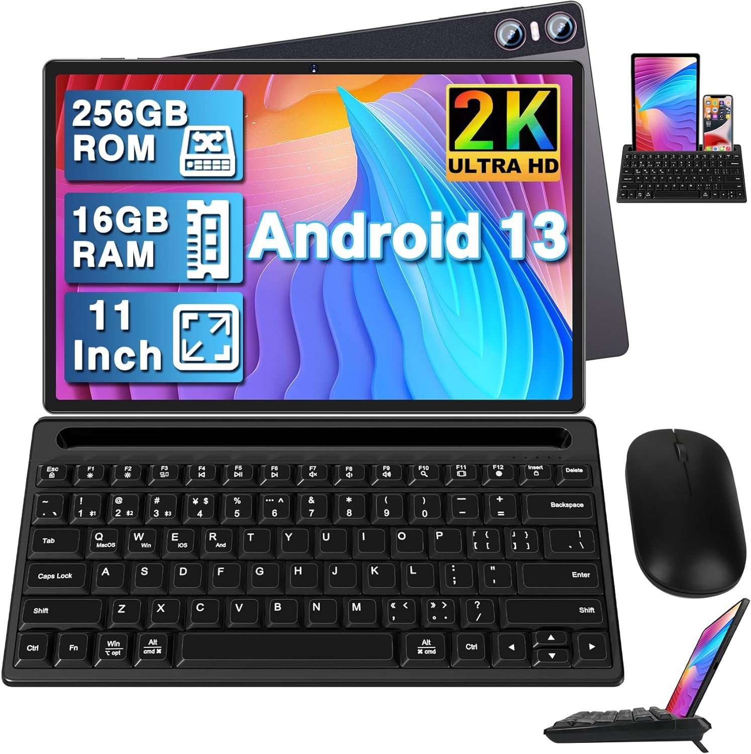 YESTEL mit 16GB RAM (1TB TF) Tablet (11, 256 GB, Android 13, 2.4G,  mitOcta-Core2.0Ghz4 Lautsprechers Widgets Tablet mit Tastatur und Maus)