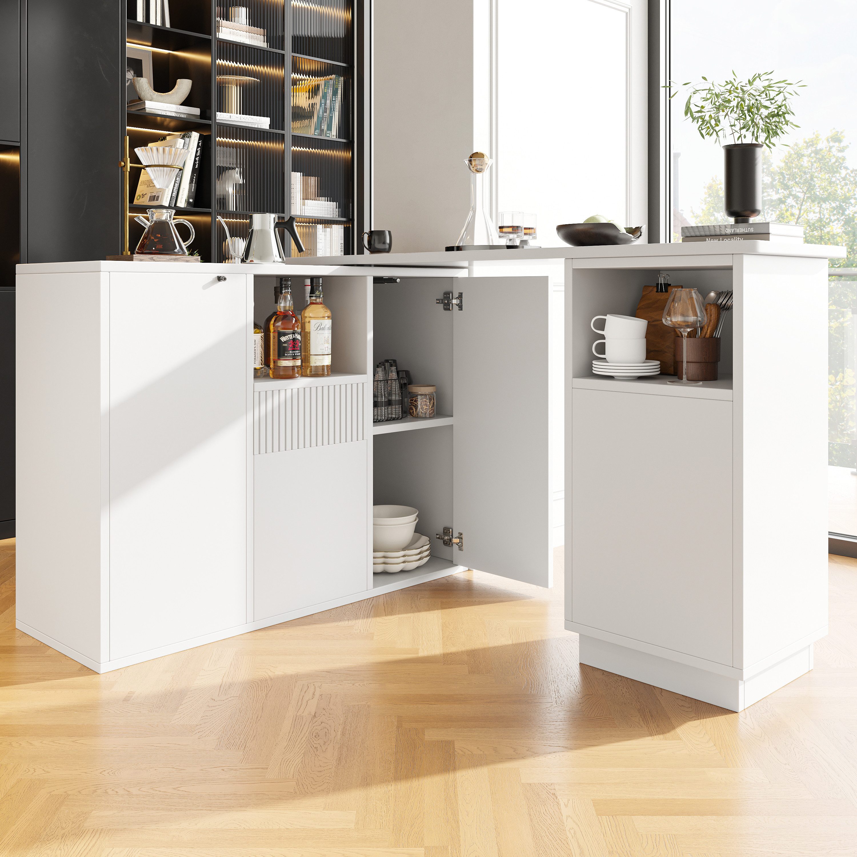 OKWISH Bartisch Drehbarer Essbar mit Stauraum (ausziehbar Esstisch mit Sideboard mit Stauraum, geeignet für Küche, Wohnzimmer und Esszimmer), mit Aufbewahrungsschrank