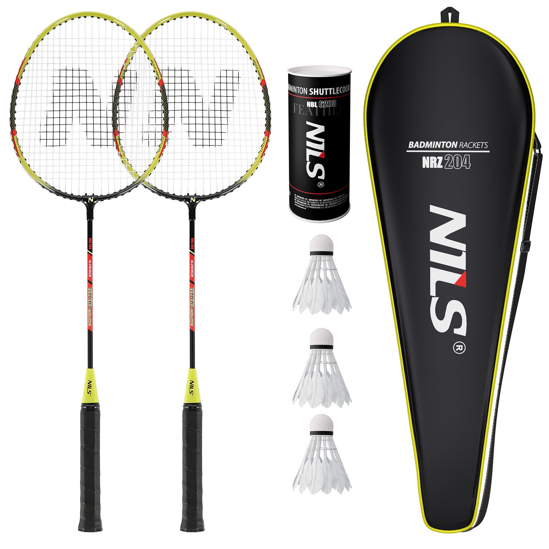 Nils Badmintonschläger Badmintonset 2 Schläger gelb + 3 x Federbälle, Federbälle mit Naturfedern und EVA-Basis + Schlägerhülle