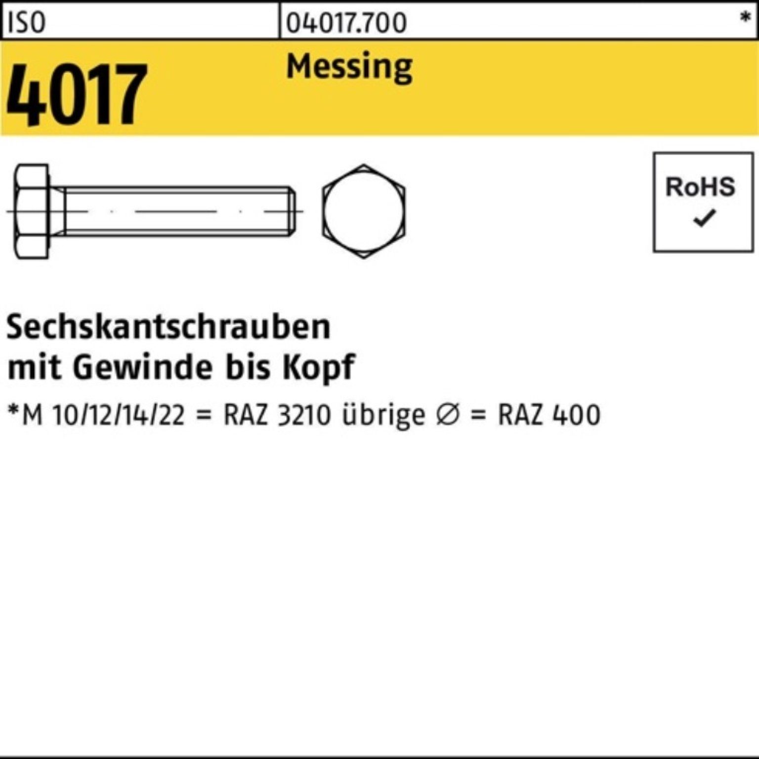 Bufab Sechskantschraube 100er ISO 100 IS Stück M10x 4017 Sechskantschraube Pack 12 VG Messing