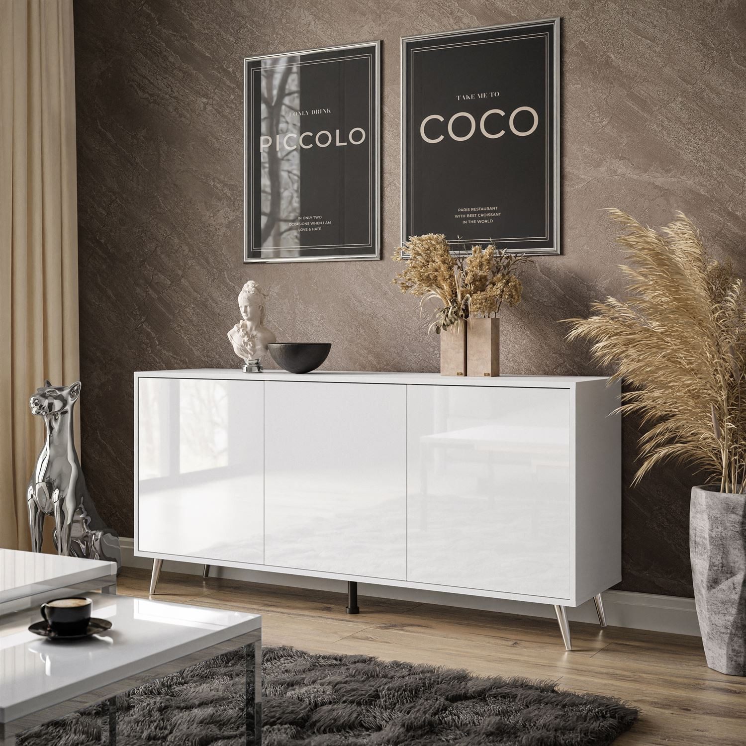 Lookway Kommode SANAYI III Anrichte in Weiß Hochglanz mit Beinen