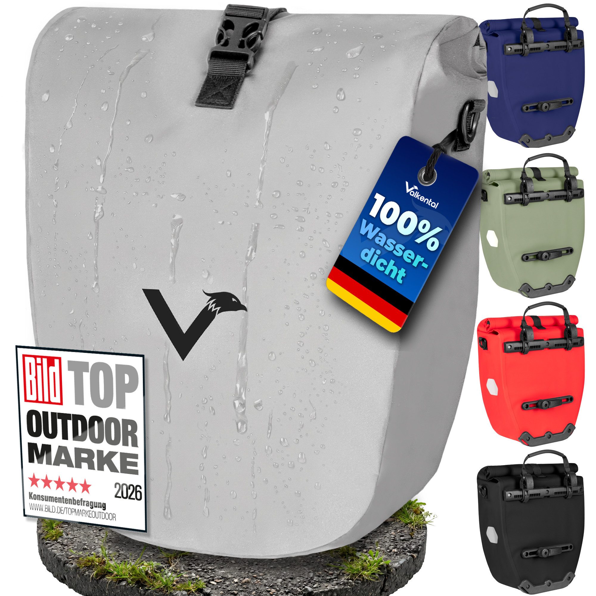 Valkental Fahrradtasche Gepäckträger wasserdicht & abschließbar, Gepäckträgertasche Fahrrad mit Großen Reflektoren 20L, 28L, 32L
