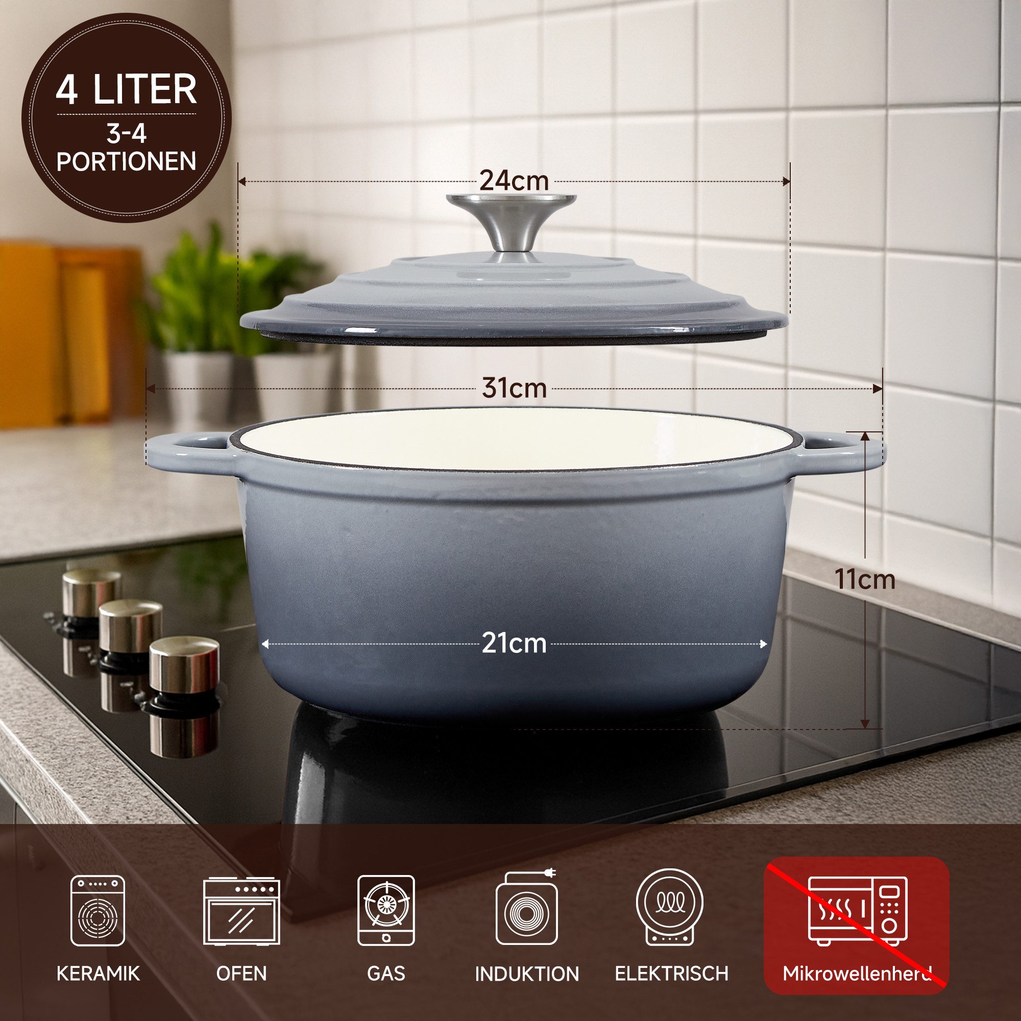 Zedelmaier Bräter Gusseisen Topf 22/24/26cm Incl. Silikon Topflappen Topfuntersetzer, (Set, 1 Pot mit 1 lid, 2 Ofenhandschuhe, 1 Topfuntersetzer), Backofengeeignet Induktionsgeeignet Zum Braten, Schmoren, Kochen
