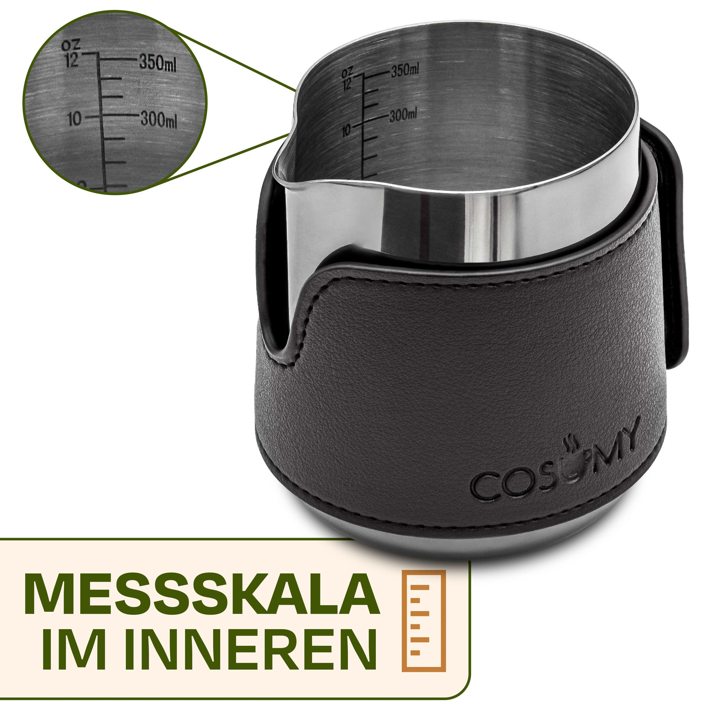 Cosumy Milchkännchen Barista Milchkännchen Edelstahl 350ml mit Lederhülle, 350 l, (Set, 1-St), Griffloses Design - Messskala im Inneren – Bild 5 von 5