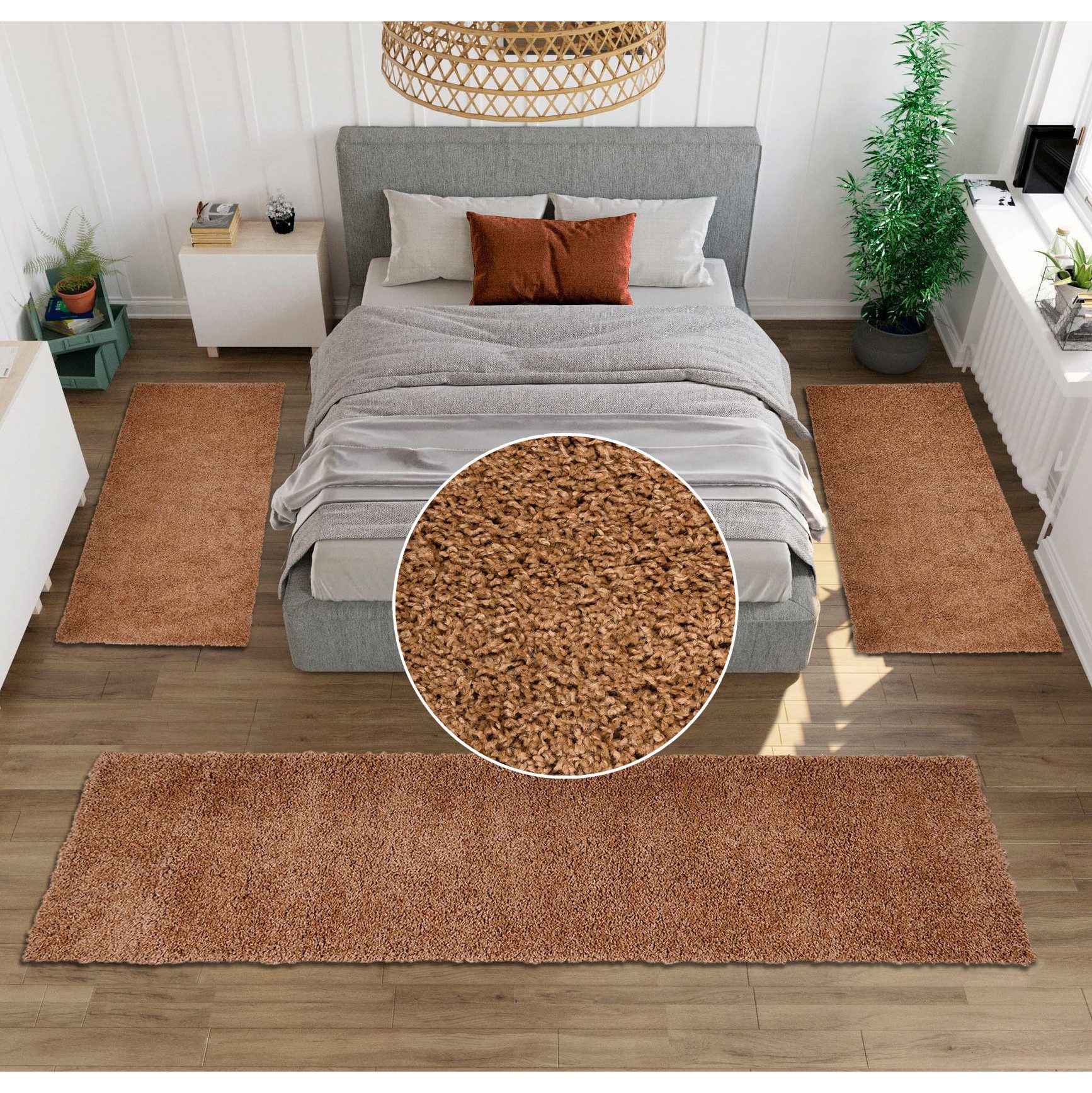 Bruno Banani Bettumrandung Shaggy Soft, Höhe 30 mm, (3-tlg), gewebt, Uni-Farben, besonders weich, Bettvorleger, Läufer-Set