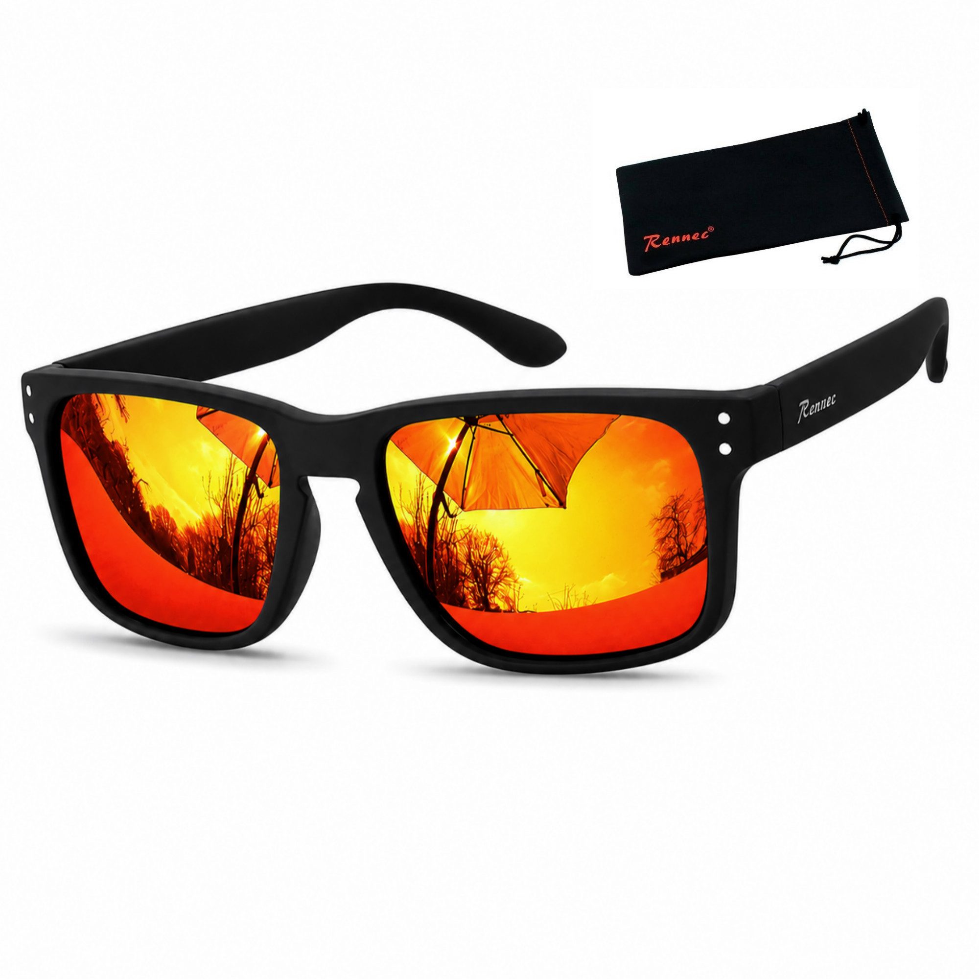 Rennec Sonnenbrille Herren Markenbrille Polarisiert Rechteckig mit Brillenbeutel Gläser Orange Verspiegelt stabile Bügelgelenke Markenschriftzug