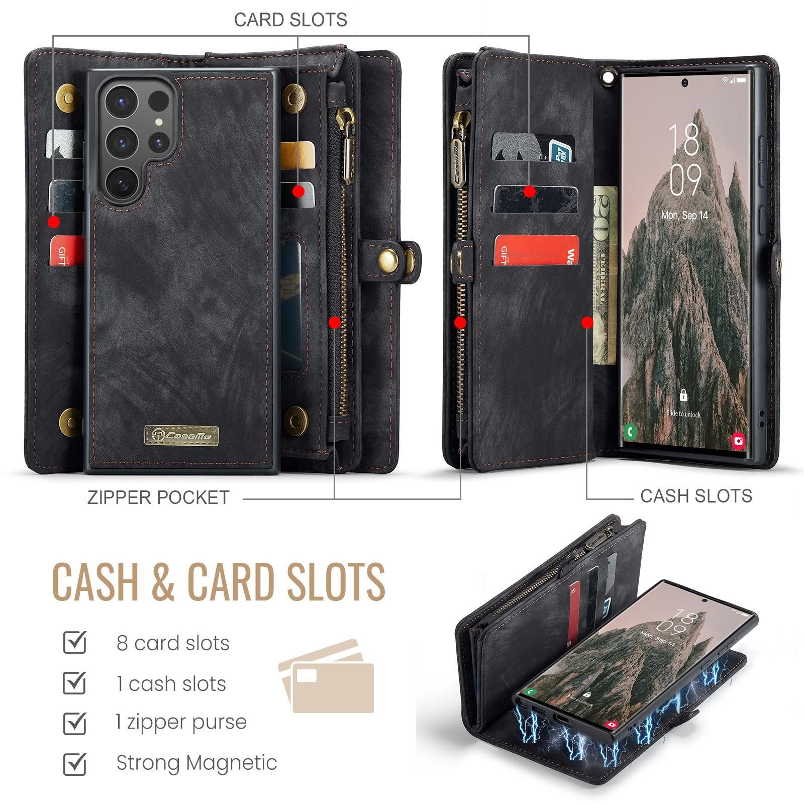 CaseMe Handyhülle Für Samsung Galaxy S25 Ultra 5G Kunstleder Multifunktion Tasche Hülle, Kunst-Leder Schutz Tasche Smart Case Multifunktion