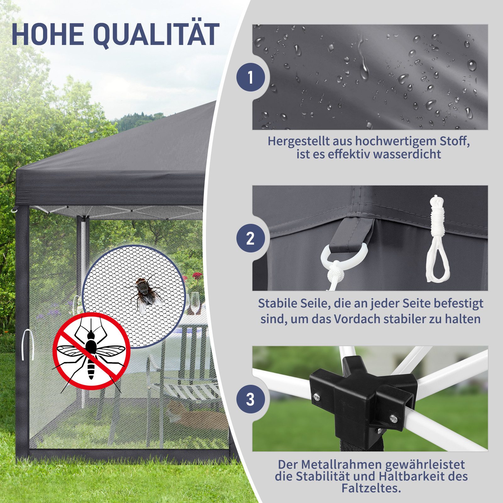LEADZM Faltpavillon 3x3m mit 4 Netzseitenwänden, höhenverstellbar, UV-Schutz, Pop-Up Gartenpavillon 3×3m mit Moskitonetz, klappbarer inkl. Zubehör – Bild 4 von 5