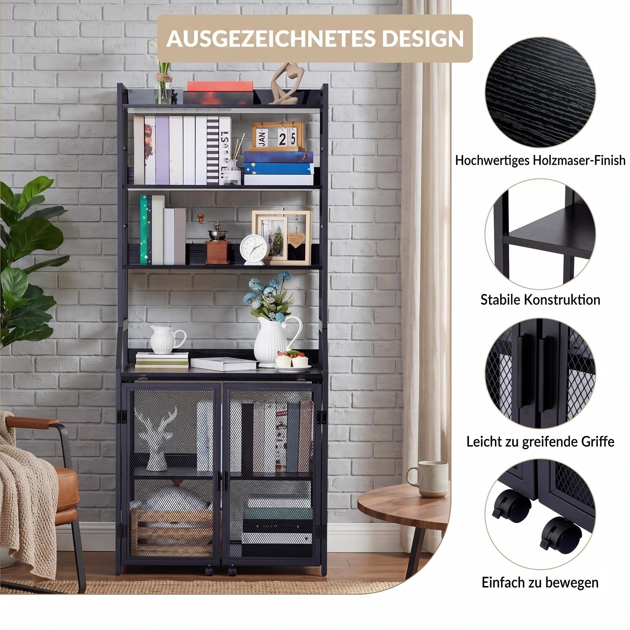 GarveeMore Regal-Schreibtisch 2-in-1, Kippschutz, Schranktür mit Rollen, 10 kg Traglast pro Ebene, aus Metall & Spanplatte, 180 x 60 x 25 cm, schwarz/weiß/braun – Bild 5 von 5