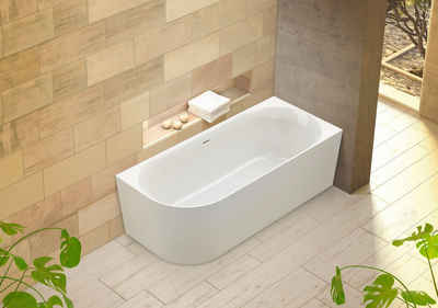 OTTOFOND Badewanne Mince Corner XS links 155 cm weiß, (1-tlg), inkl. Ablaufgarnitur, Schlitzüberlauf, Fußgestell, schmale Wannenkante