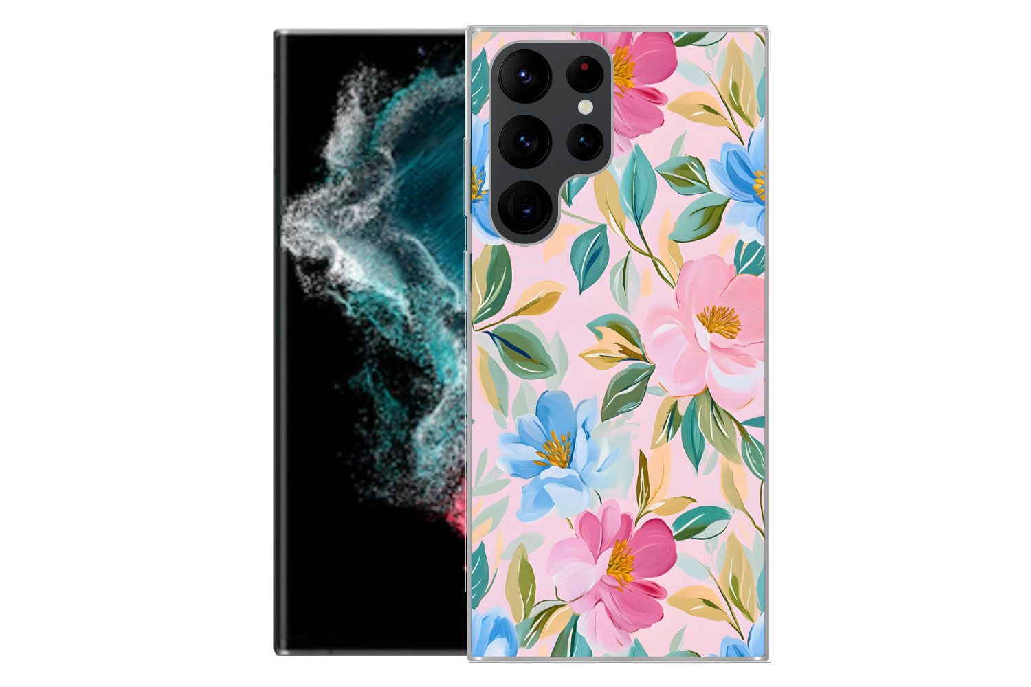 MuchoWow Handyhülle für Samsung Galaxy S22 Ultra Blau - Rosa - Blumen, Phone Case, Silikon, Schutzhülle Dünn
